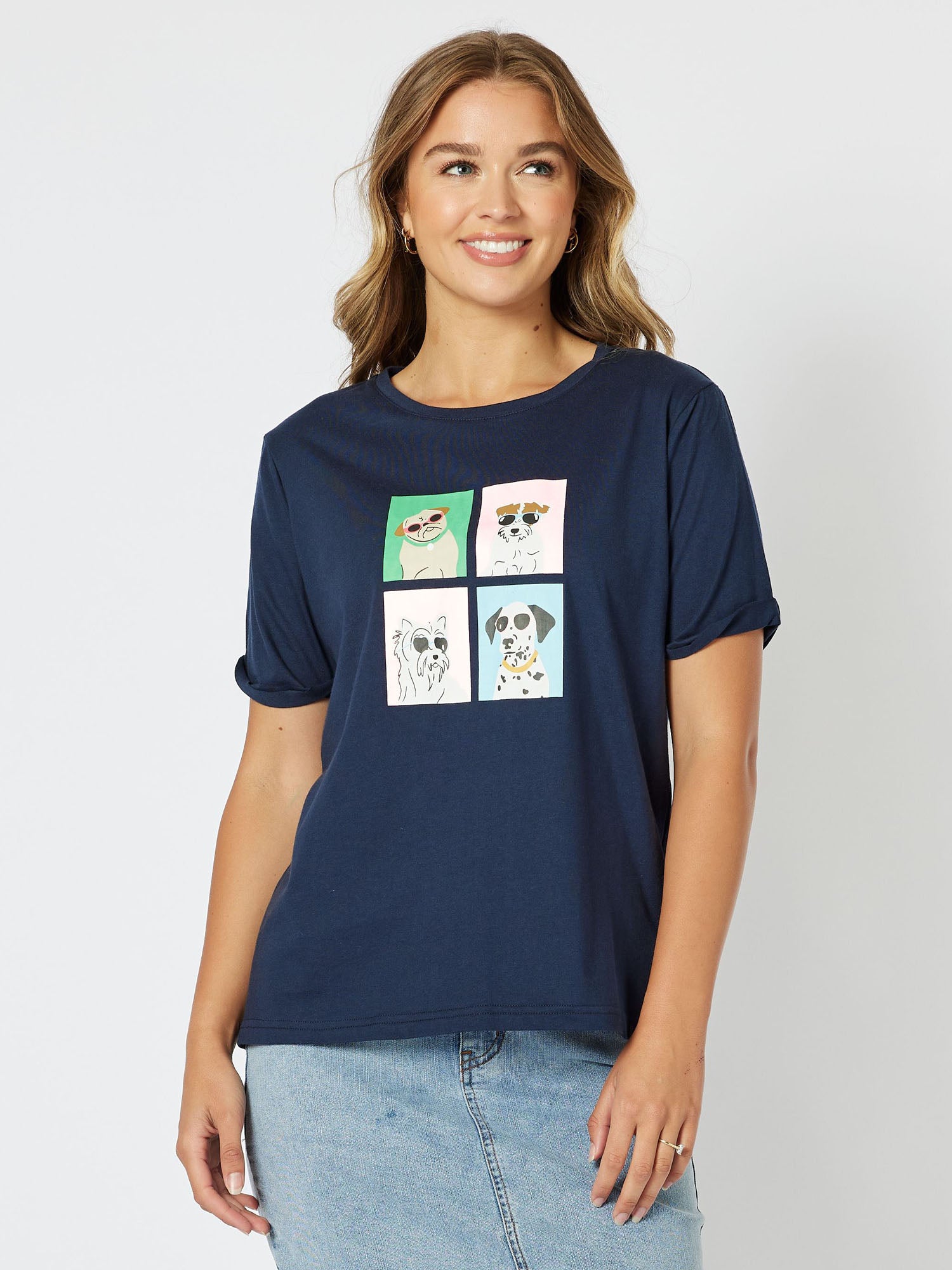 Poochi Cotton Print T-Shirt - Navy