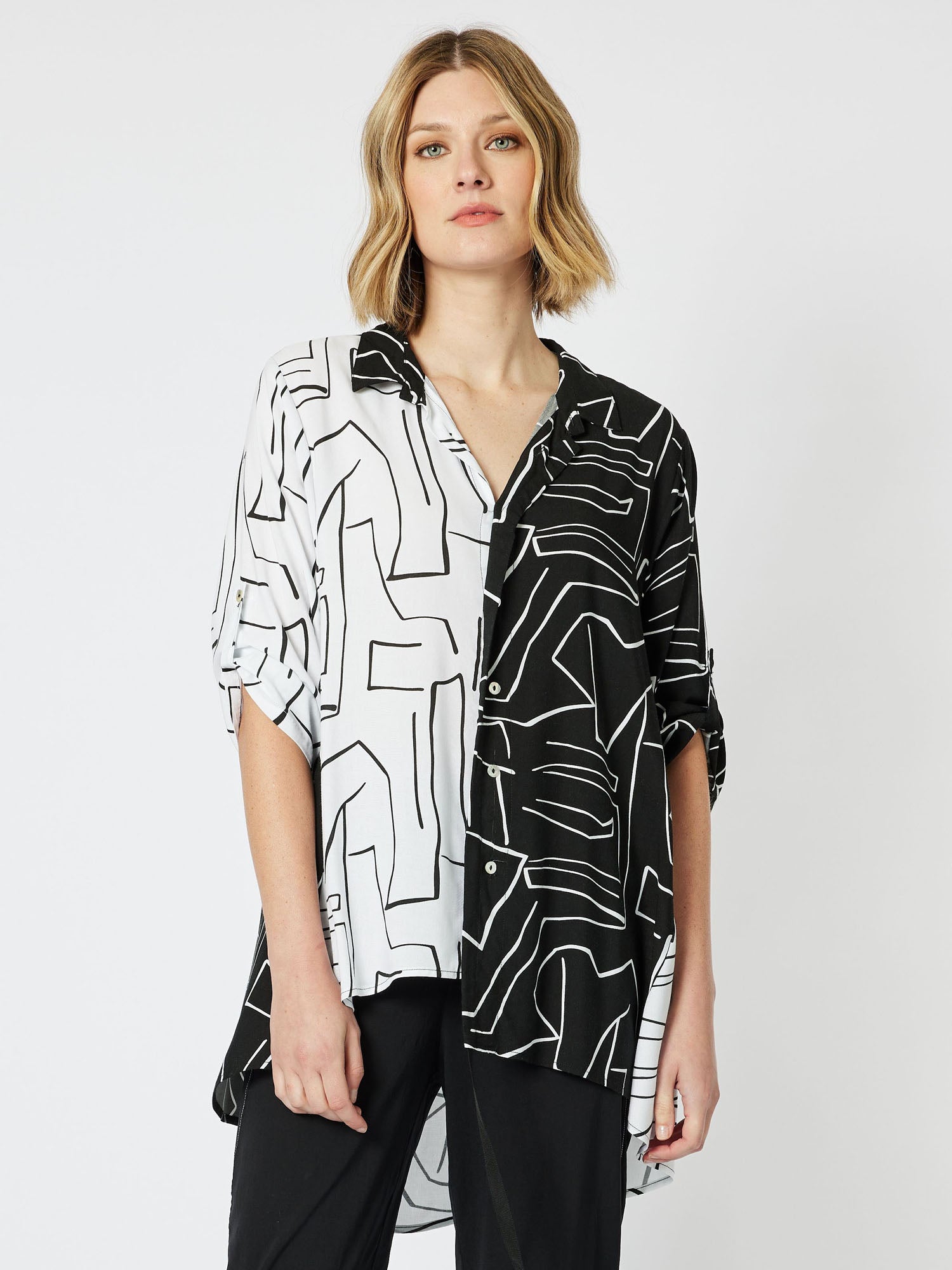 Empire Print Spliced Shirt - Black/White