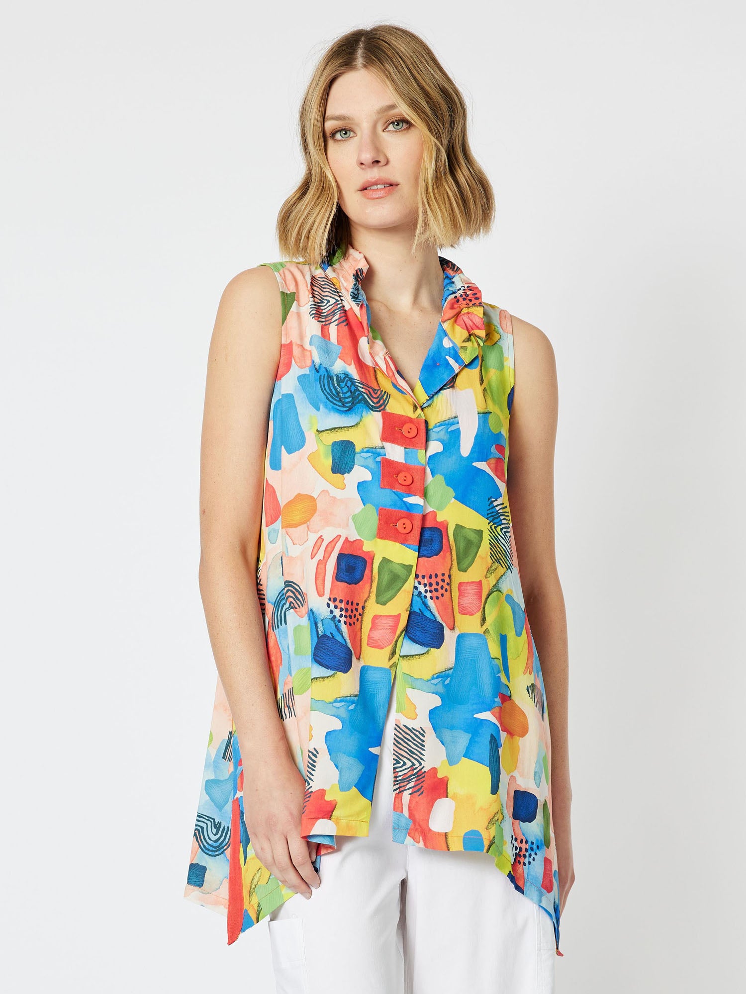 Artistry Print Longline Sleeveless Shirt - Red