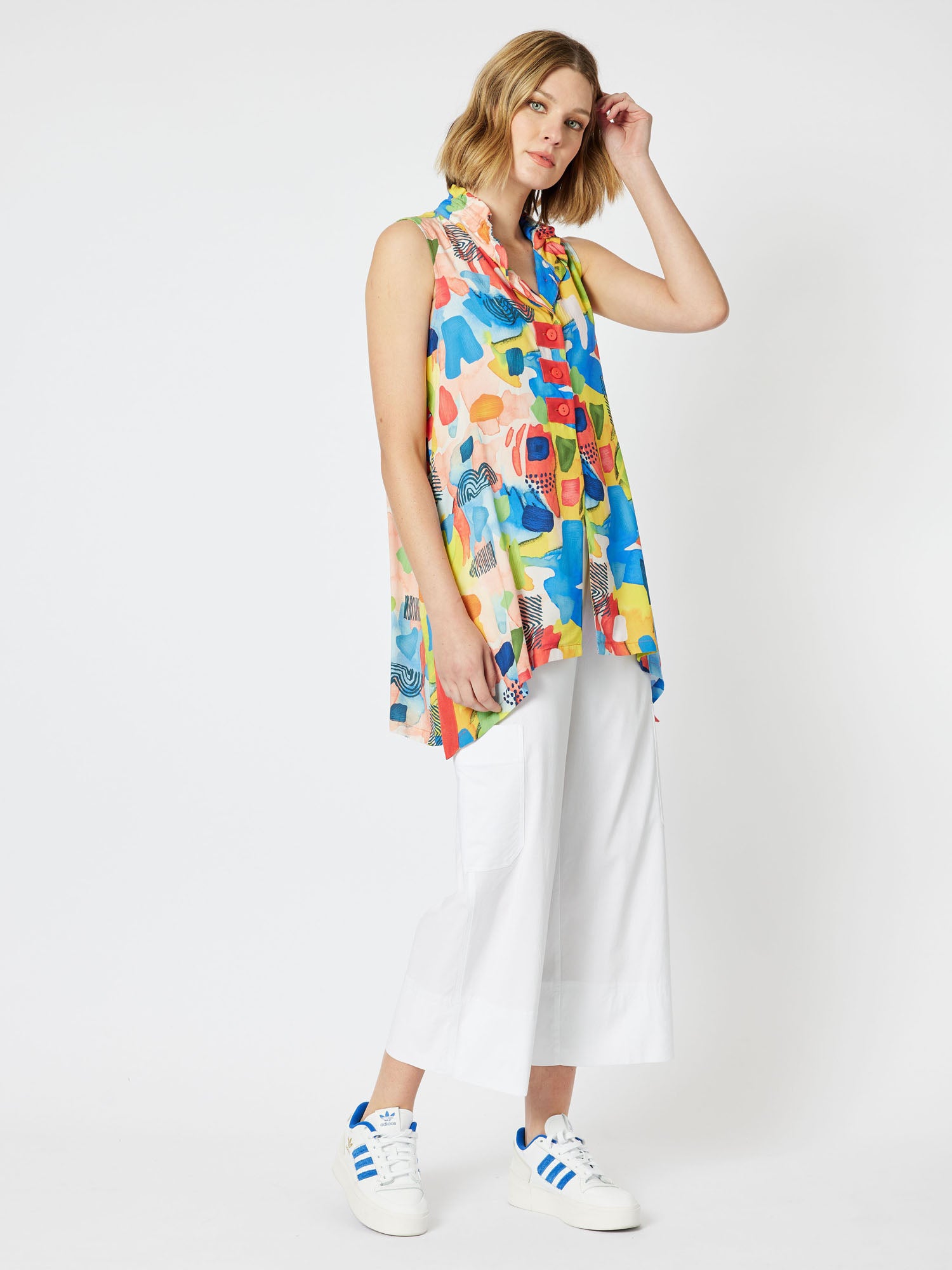 Artistry Print Longline Sleeveless Shirt - Red