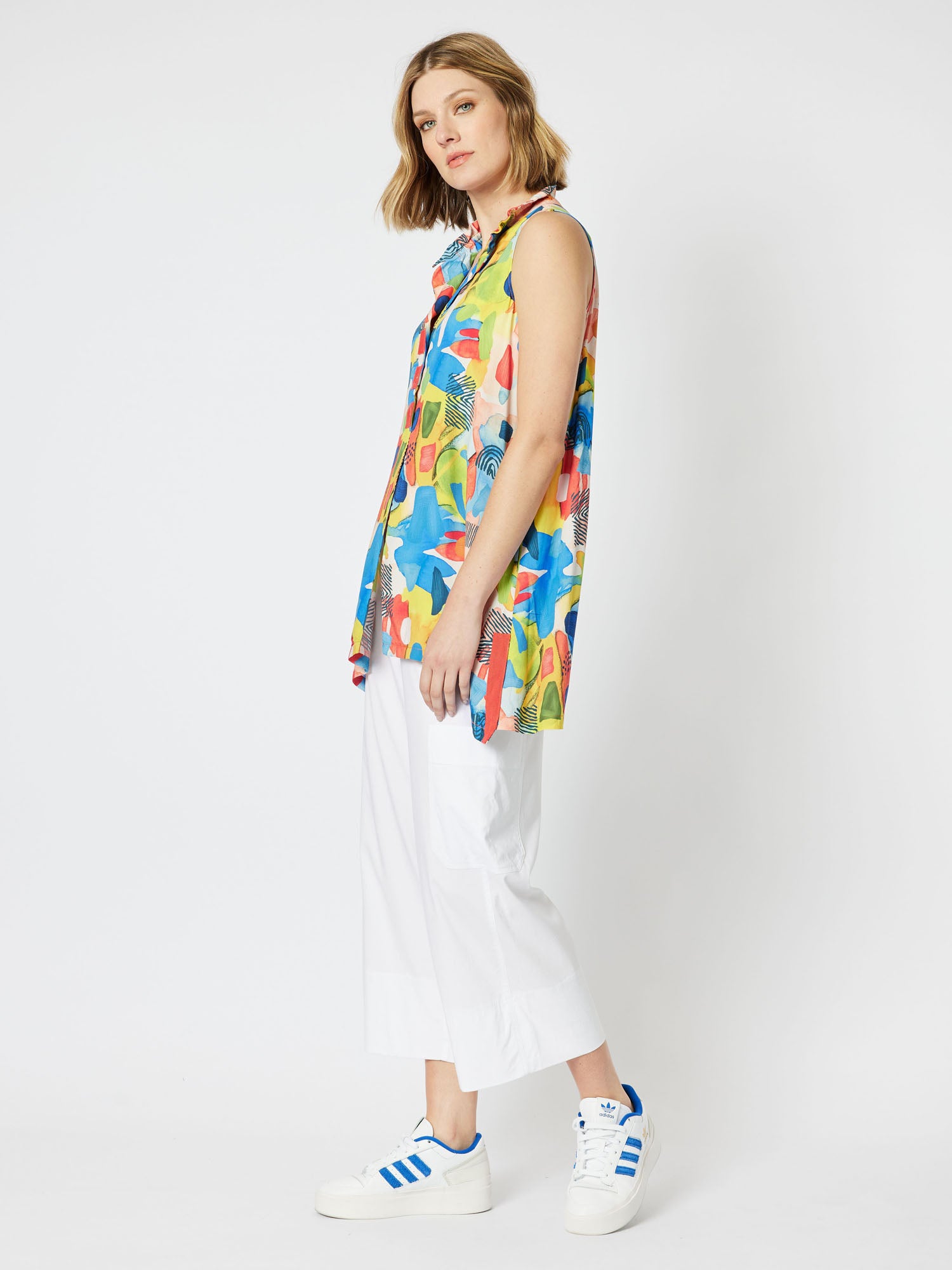 Artistry Print Longline Sleeveless Shirt - Red