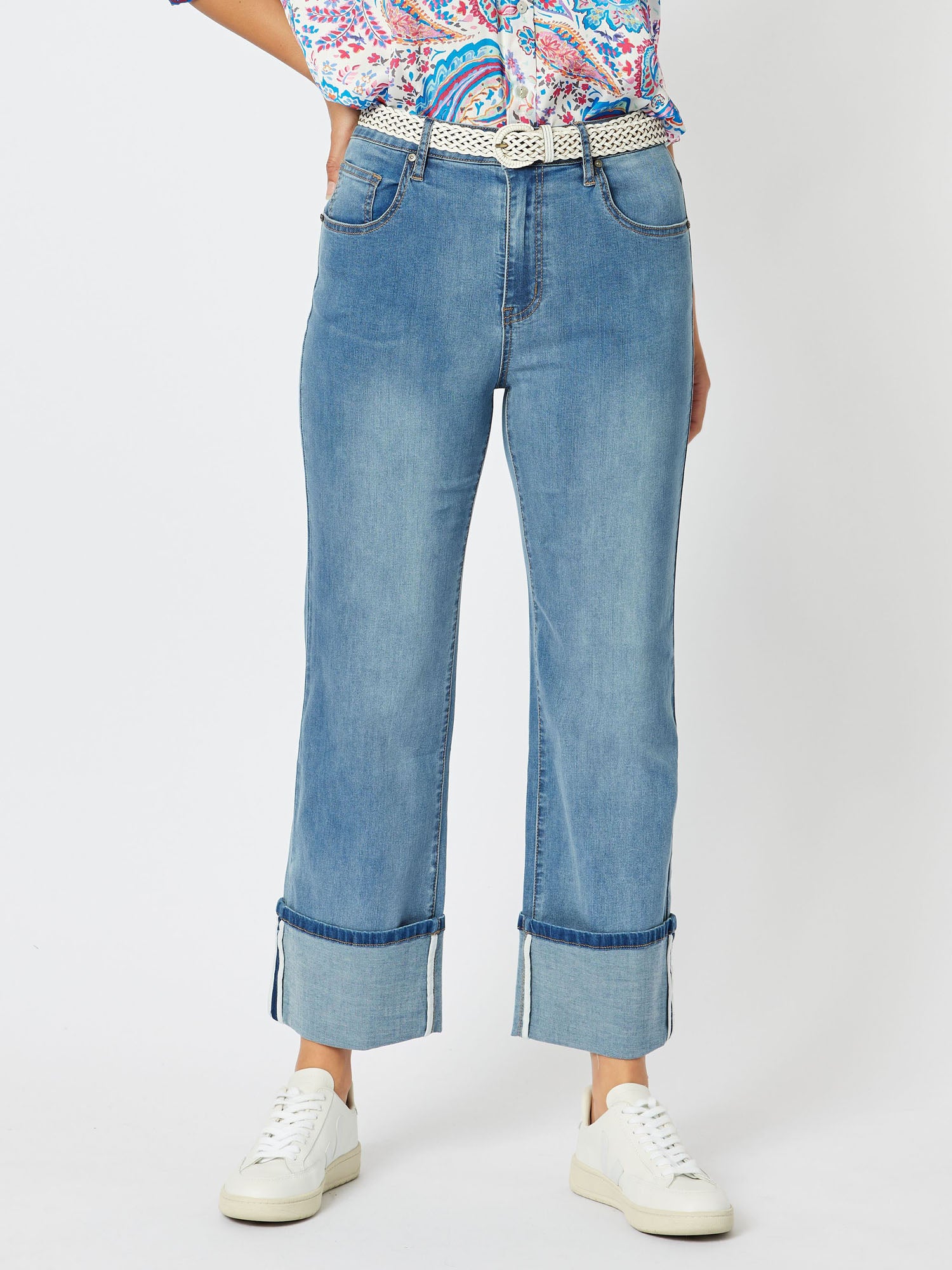 Stretch Cotton Cuff Hem Jean - Denim