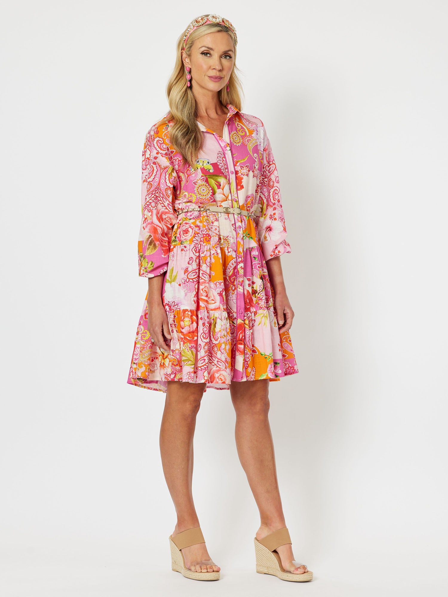 Florida Cotton Print Tiered Long Sleeve Shirt Dress - Multi
