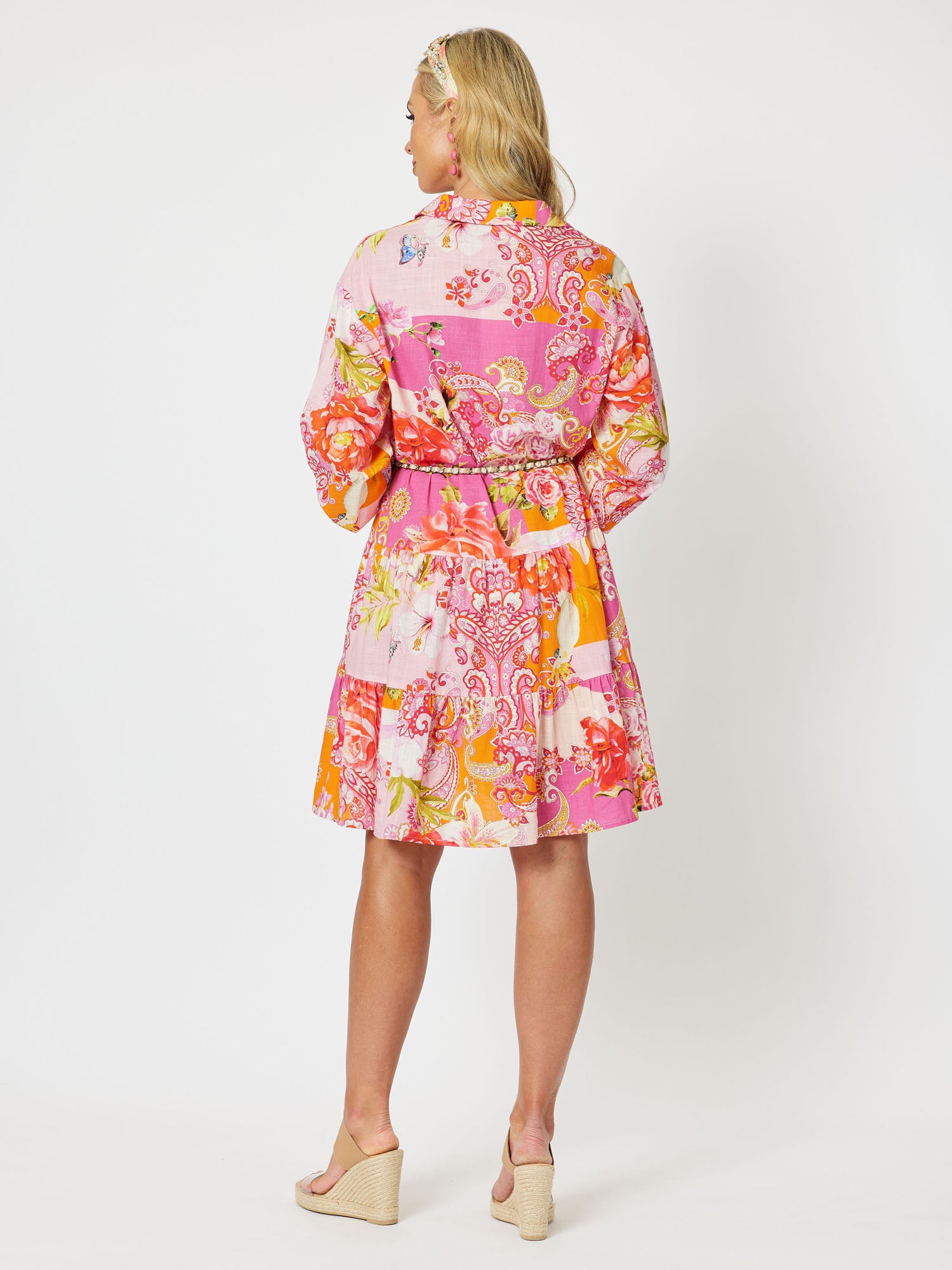 Florida Cotton Print Tiered Long Sleeve Shirt Dress - Multi