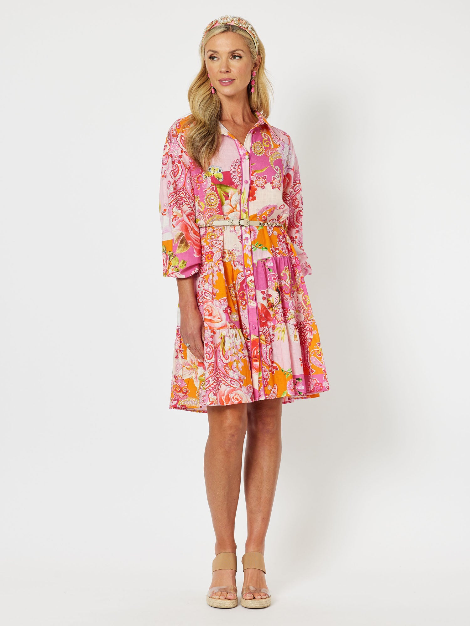 Florida Cotton Print Tiered Long Sleeve Shirt Dress - Multi