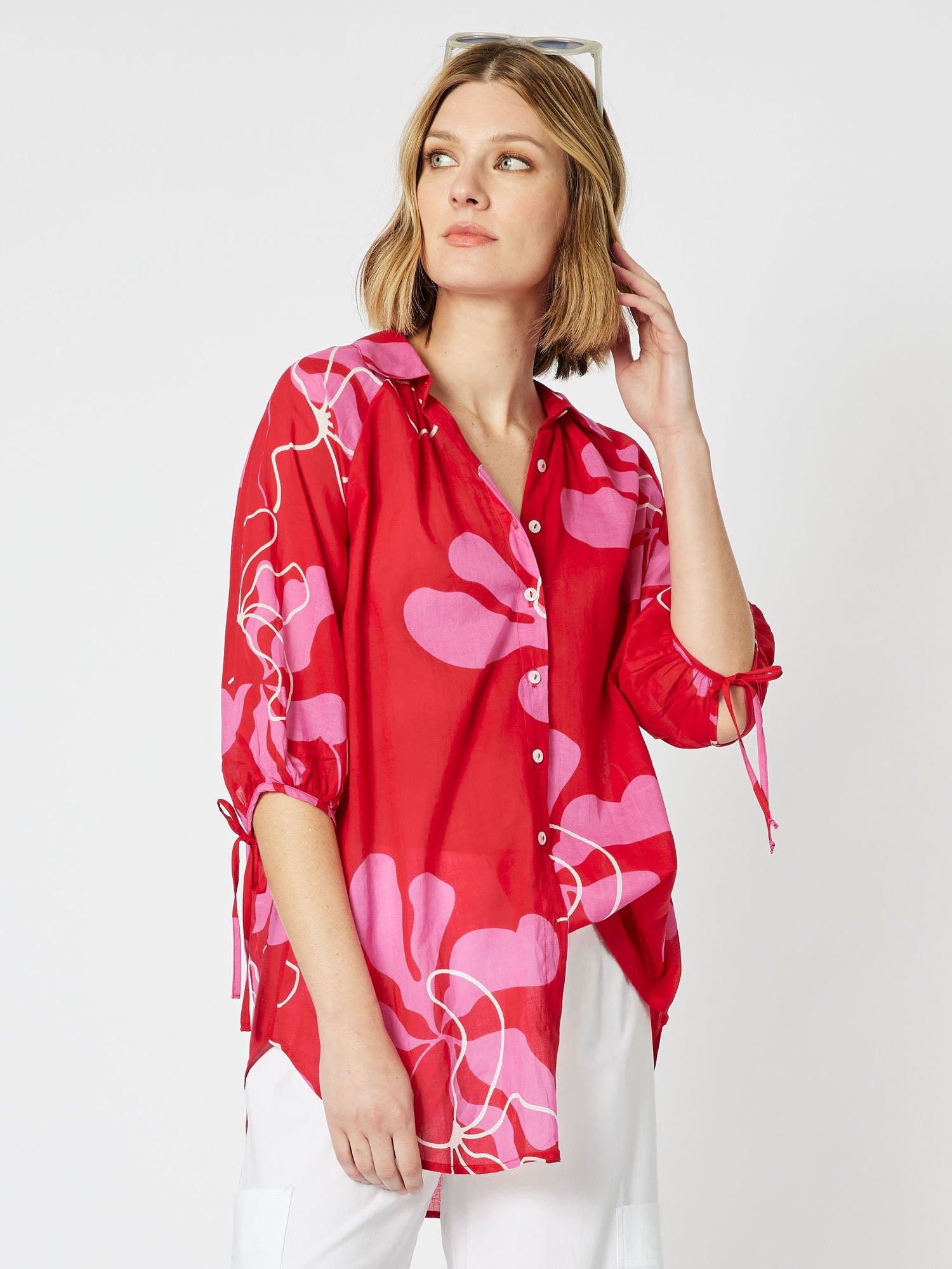 Cherry Blossom Print Elbow Sleeve Longline Shirt - Raspberry