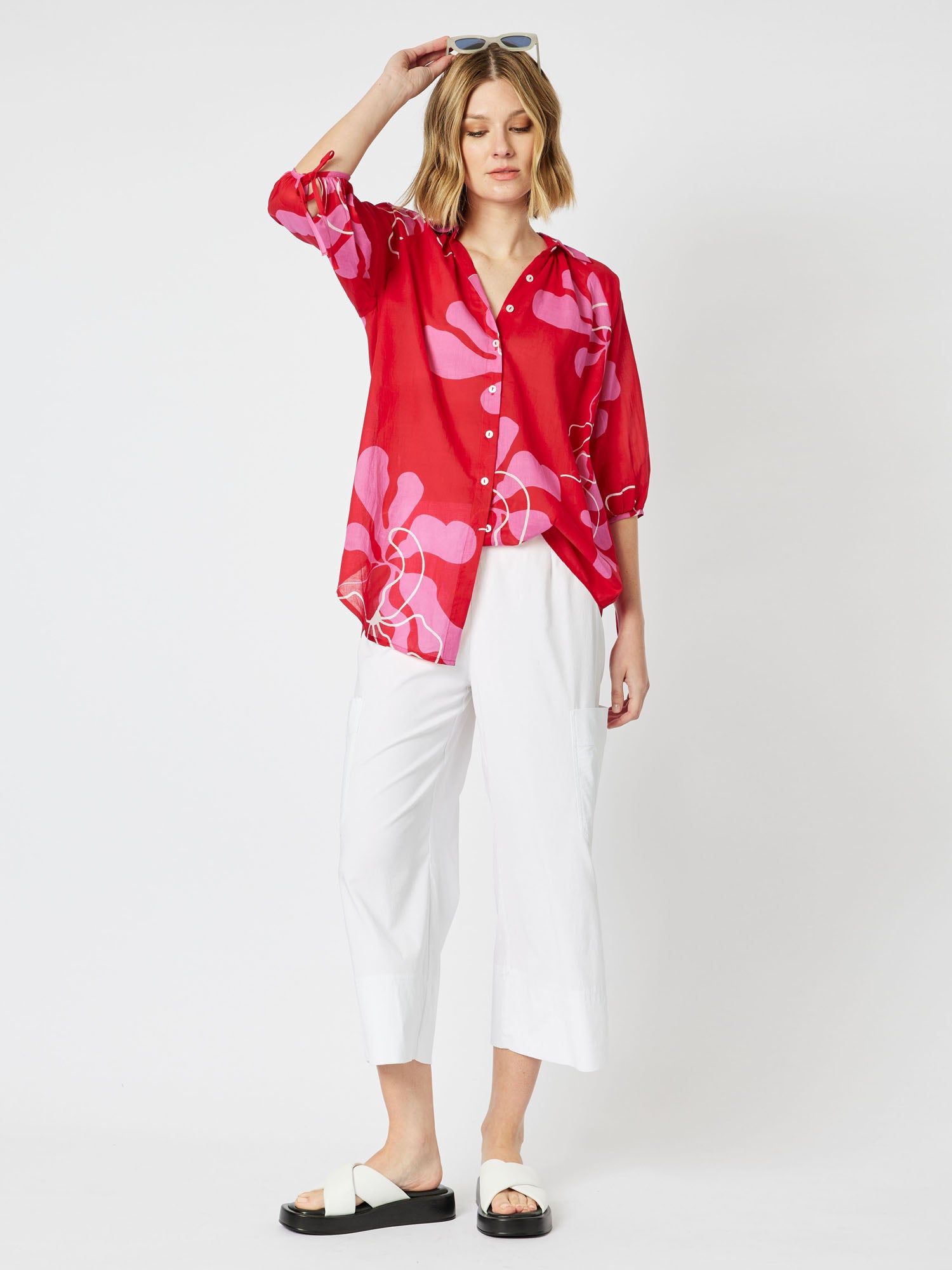 Cherry Blossom Print Elbow Sleeve Longline Shirt - Raspberry