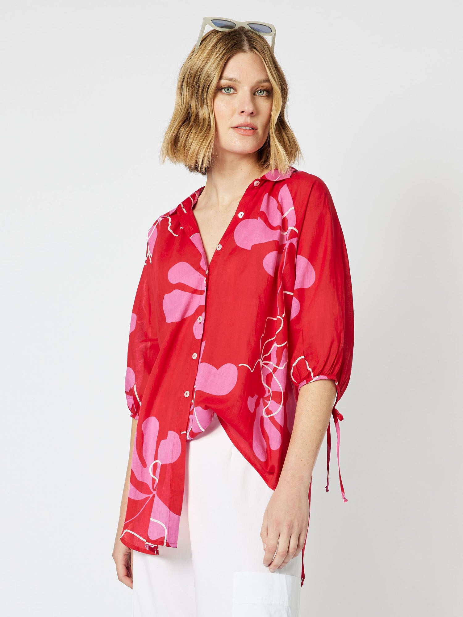 Cherry Blossom Print Elbow Sleeve Longline Shirt - Raspberry
