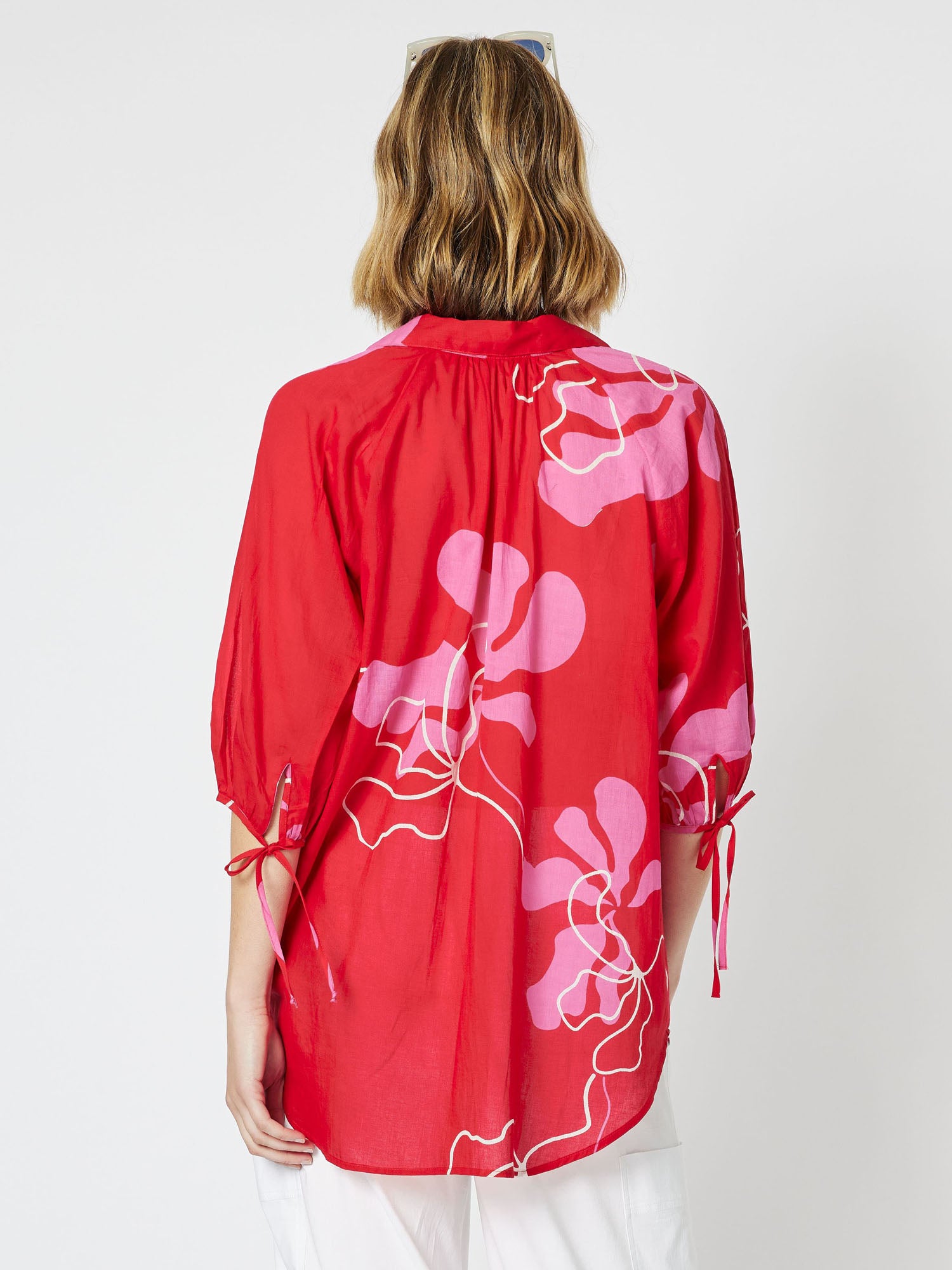 Cherry Blossom Print Elbow Sleeve Longline Shirt - Raspberry