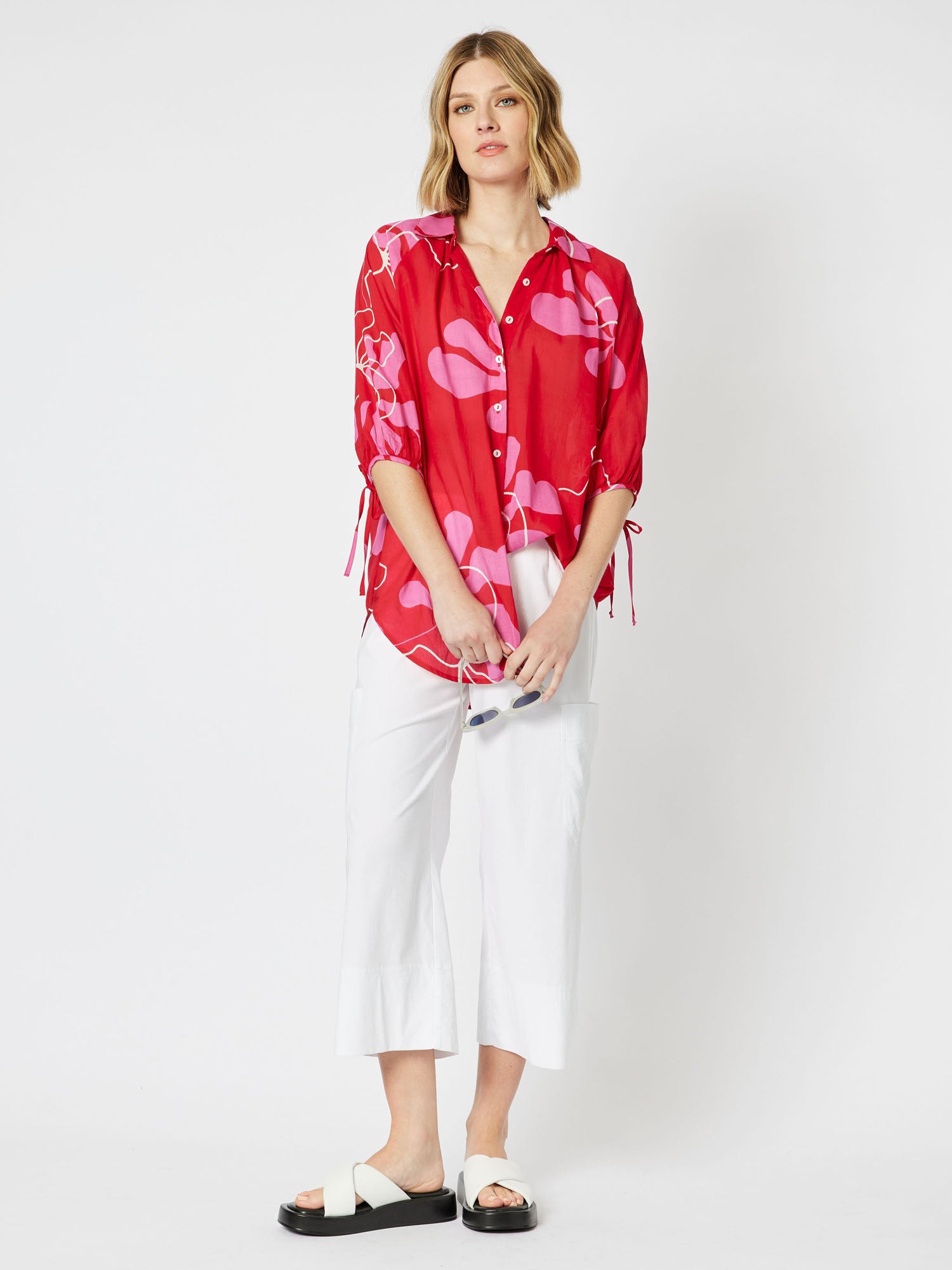 Cherry Blossom Print Elbow Sleeve Longline Shirt - Raspberry