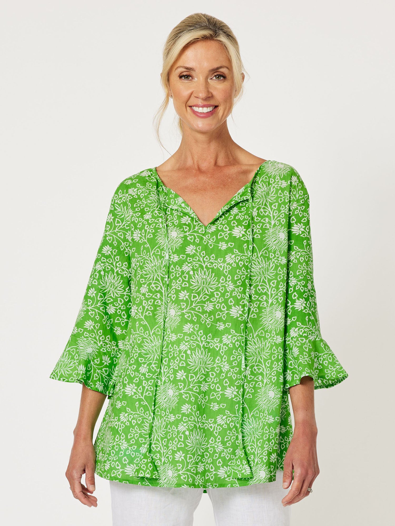 Bloom Cotton Flute Sleeve Top - Apple