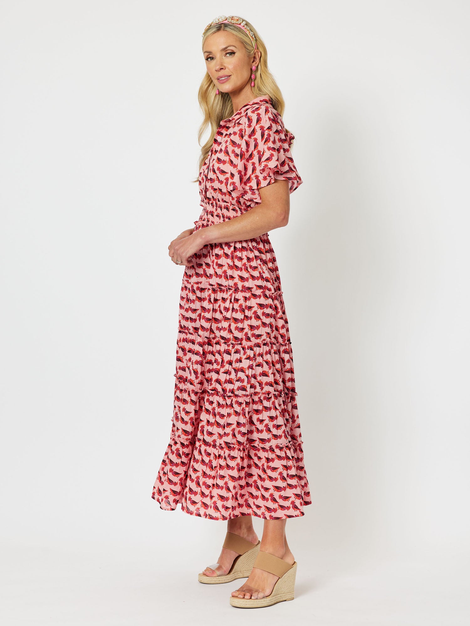 Cockatoo Cotton Print Tiered Short Sleeve Maxi Dress - Coral