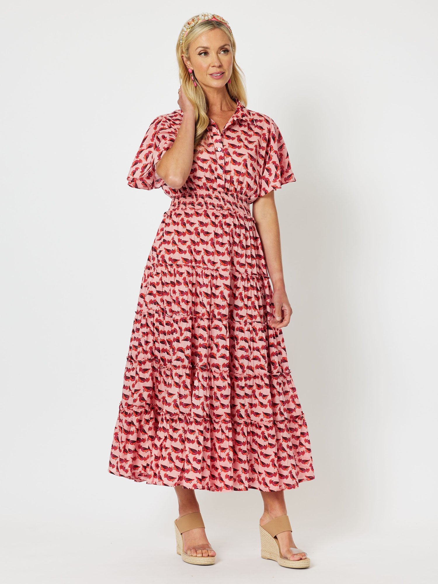Cockatoo Cotton Print Tiered Short Sleeve Maxi Dress - Coral