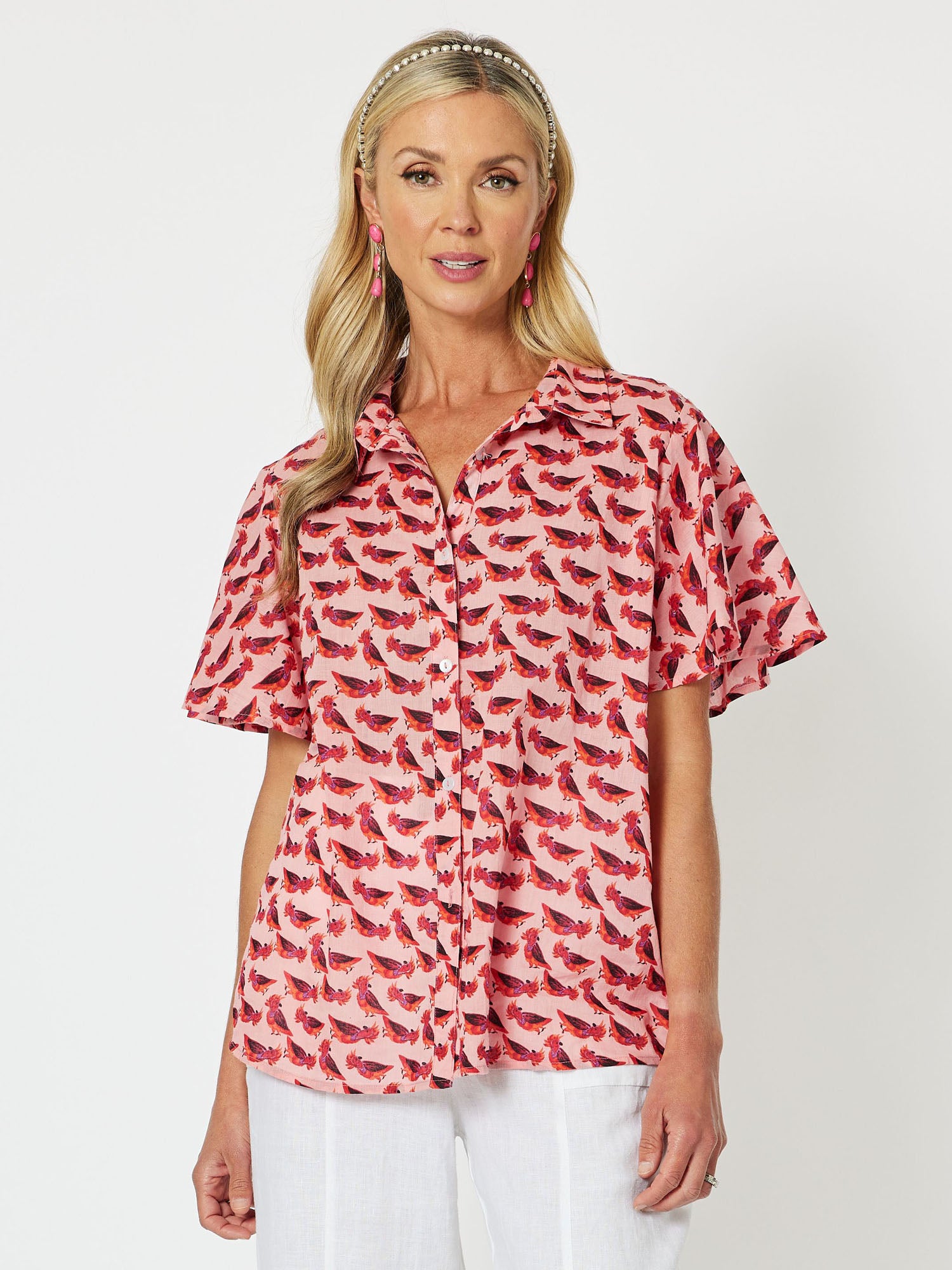 Cockatoo Cotton Print Fluted Short Sleeve Shirt - Coral