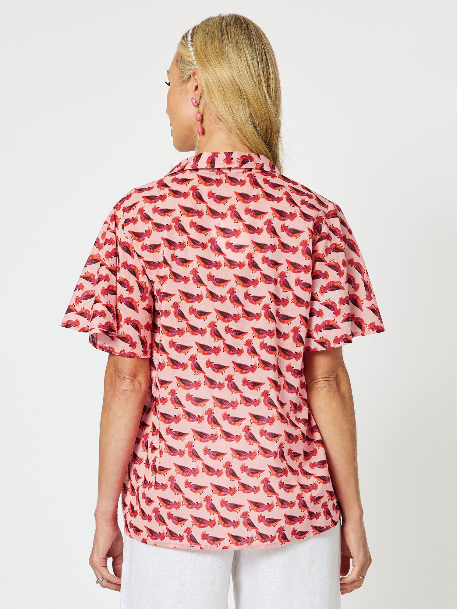 Cockatoo Cotton Print Fluted Short Sleeve Shirt - Coral