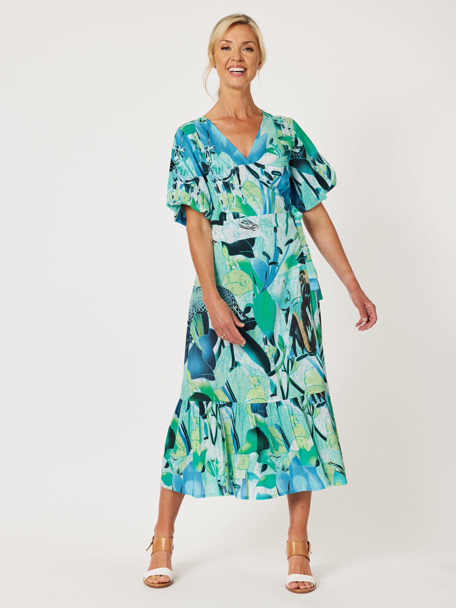Palm Print Cotton Wrap Dress - Green