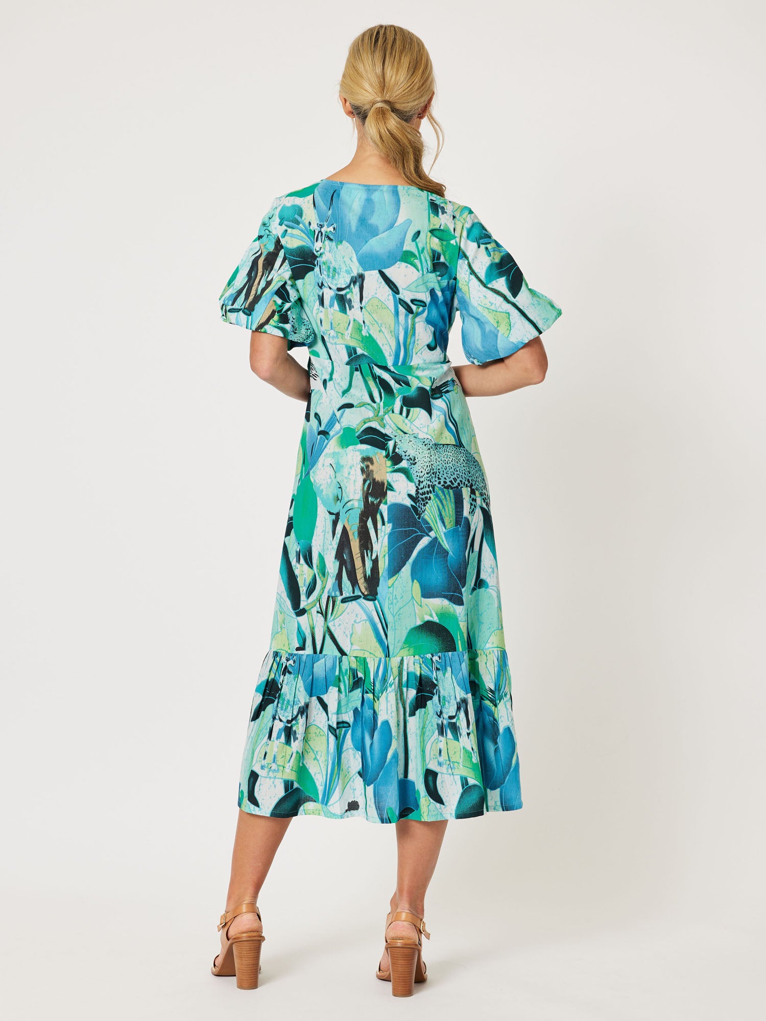 Palm Print Cotton Wrap Dress - Green