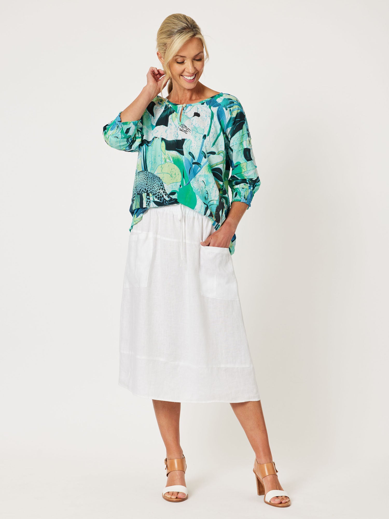 Palm Print Cotton Top - Green