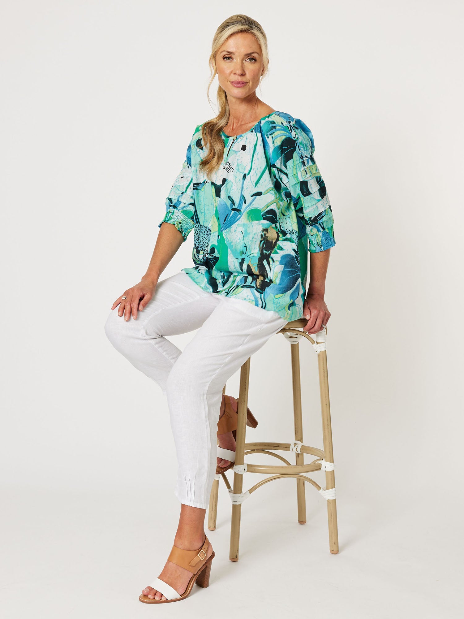 Palm Print Cotton Top - Green