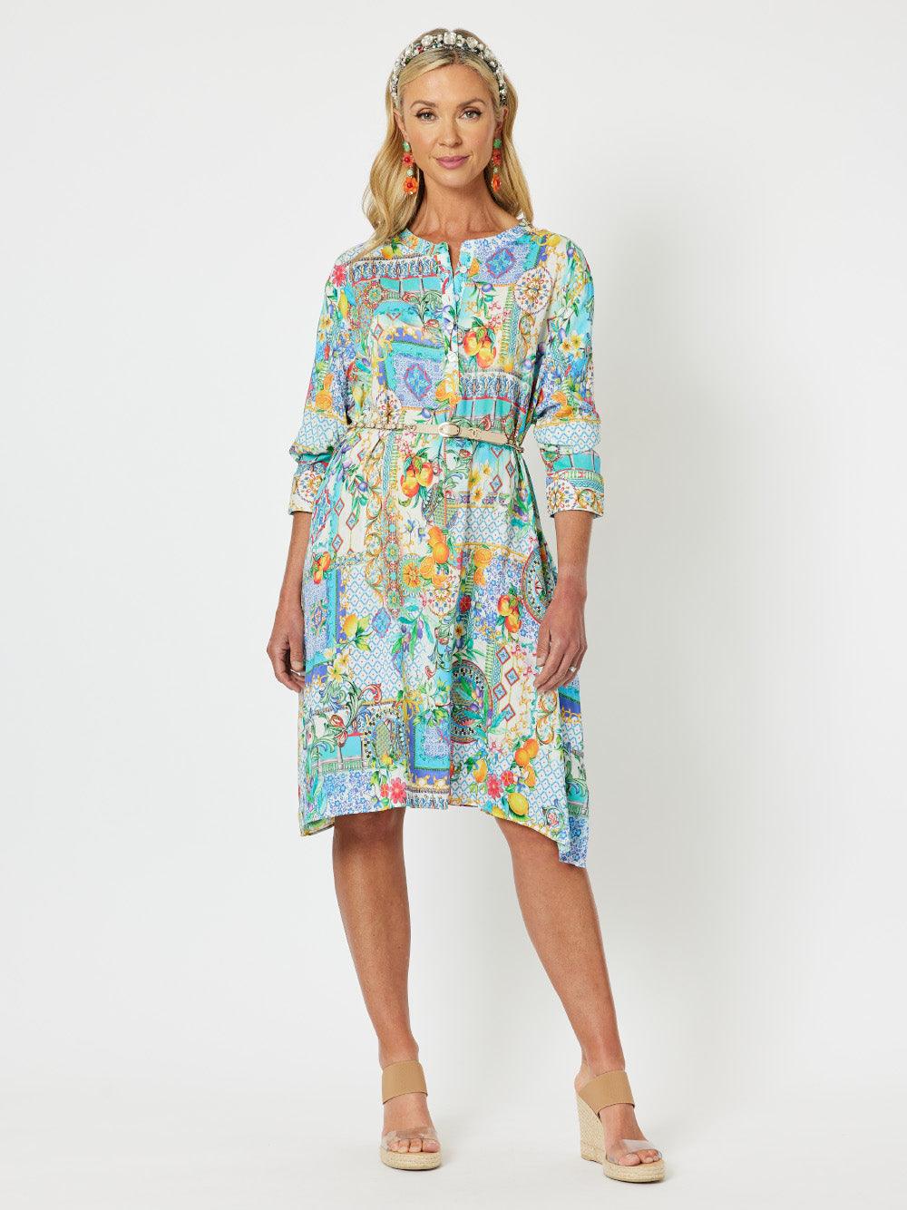 Portofino Print Nehru Collar Long Sleeve Dress - Multi