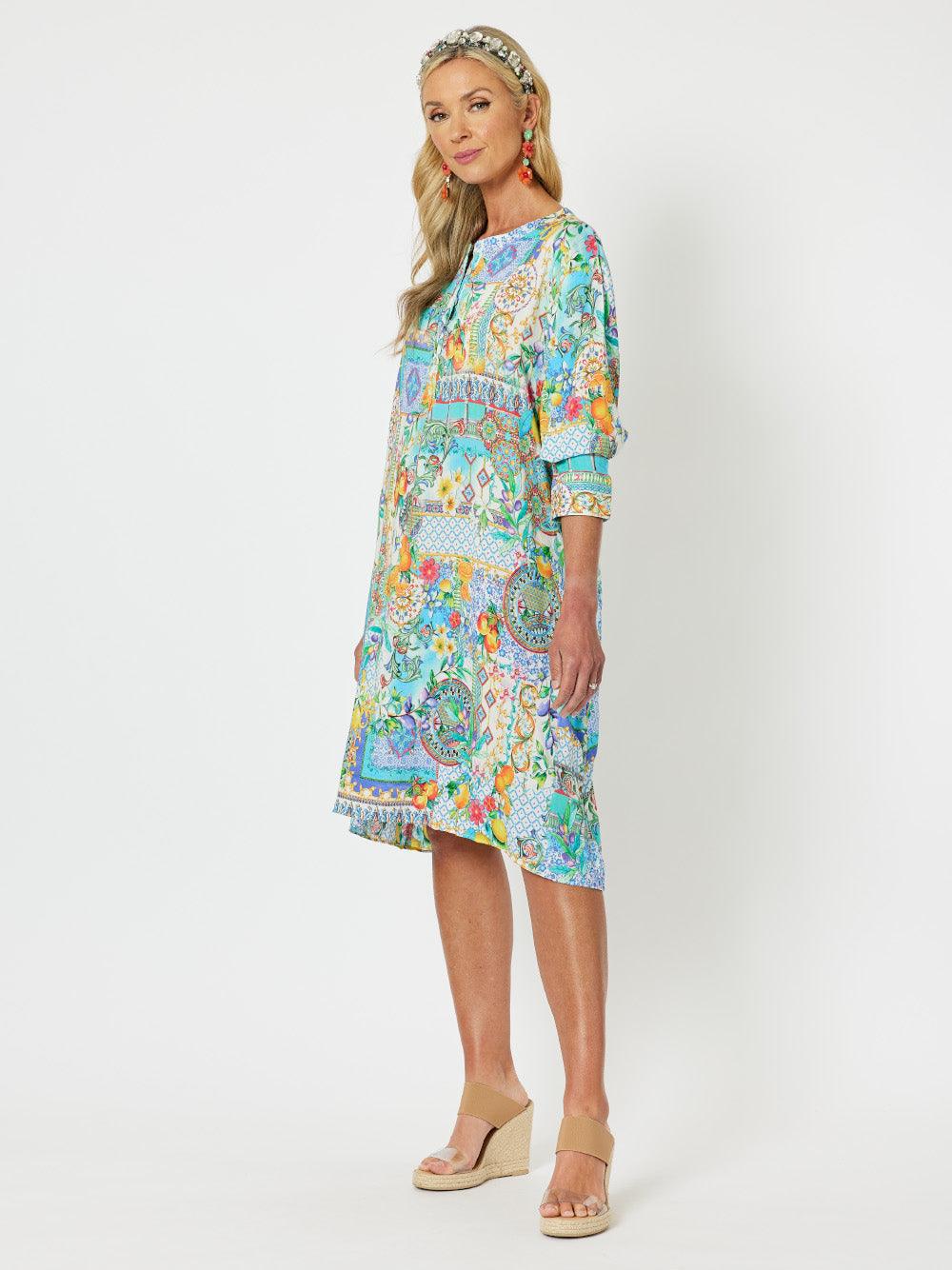 Portofino Print Nehru Collar Long Sleeve Dress - Multi