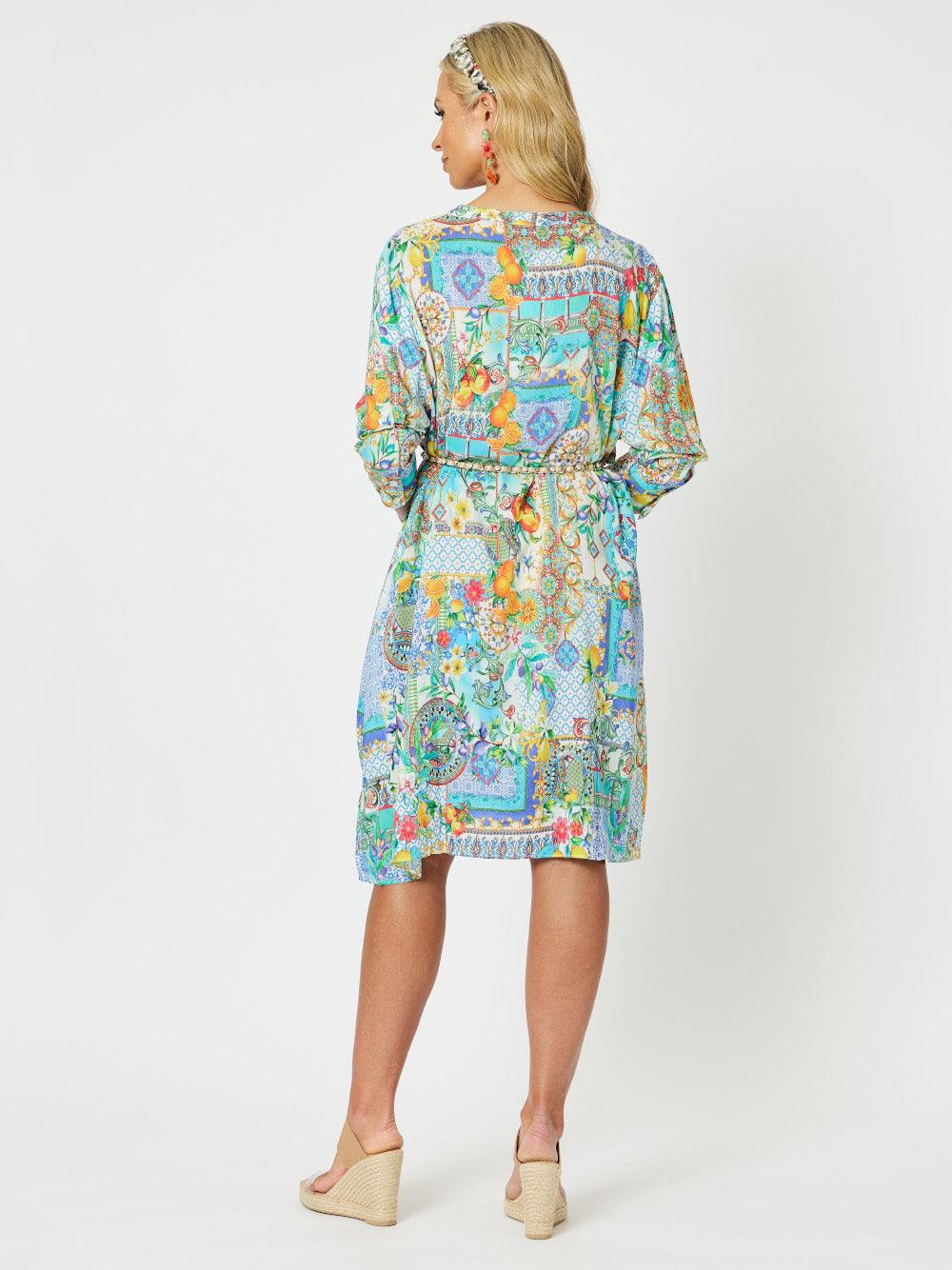 Portofino Print Nehru Collar Long Sleeve Dress - Multi