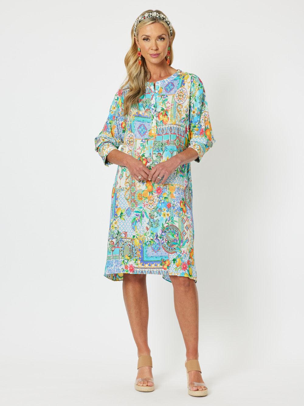 Portofino Print Nehru Collar Long Sleeve Dress - Multi