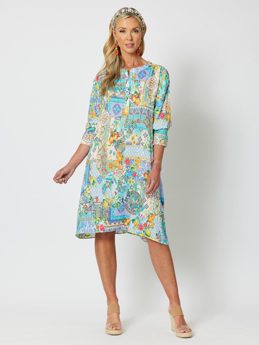 Portofino Print Nehru Collar Long Sleeve Dress - Multi