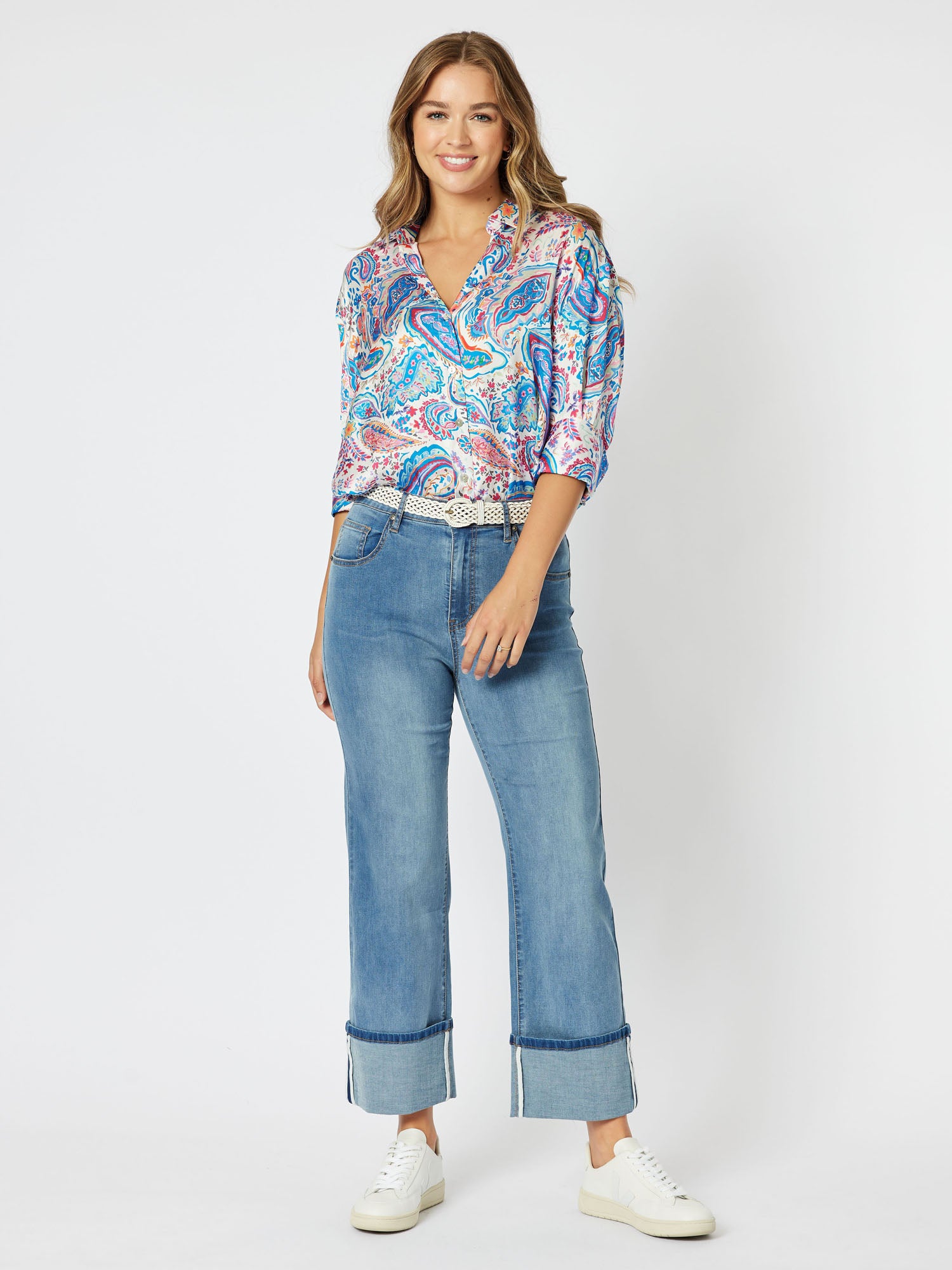 Vibe Satin Print Long Sleeve Shirt - Blue
