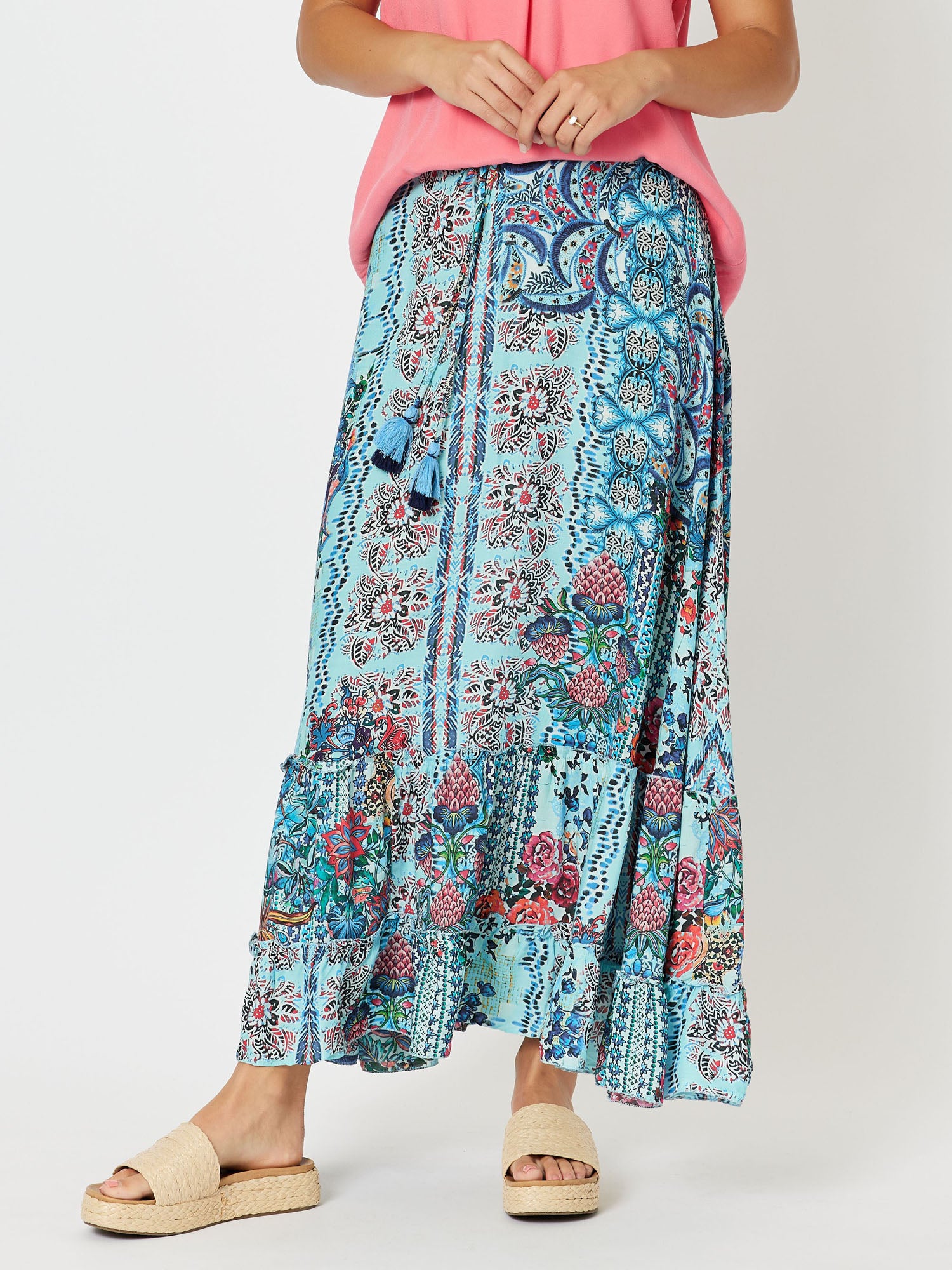Barrier Reef Tie Waist A-Line Pull On Maxi Skirt - Blue