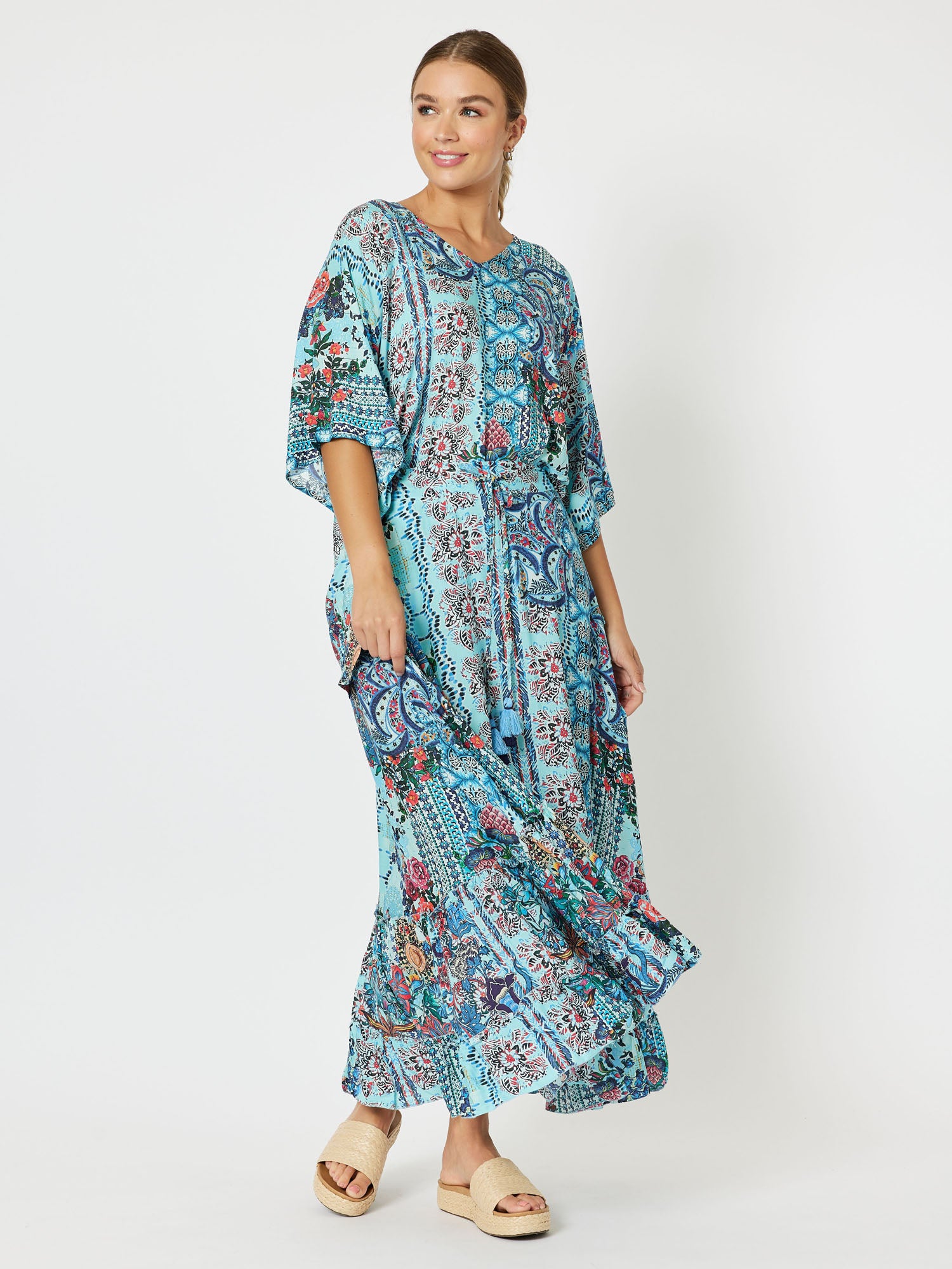 Barrier Reef Tie Waist A-Line Pull On Maxi Skirt - Blue