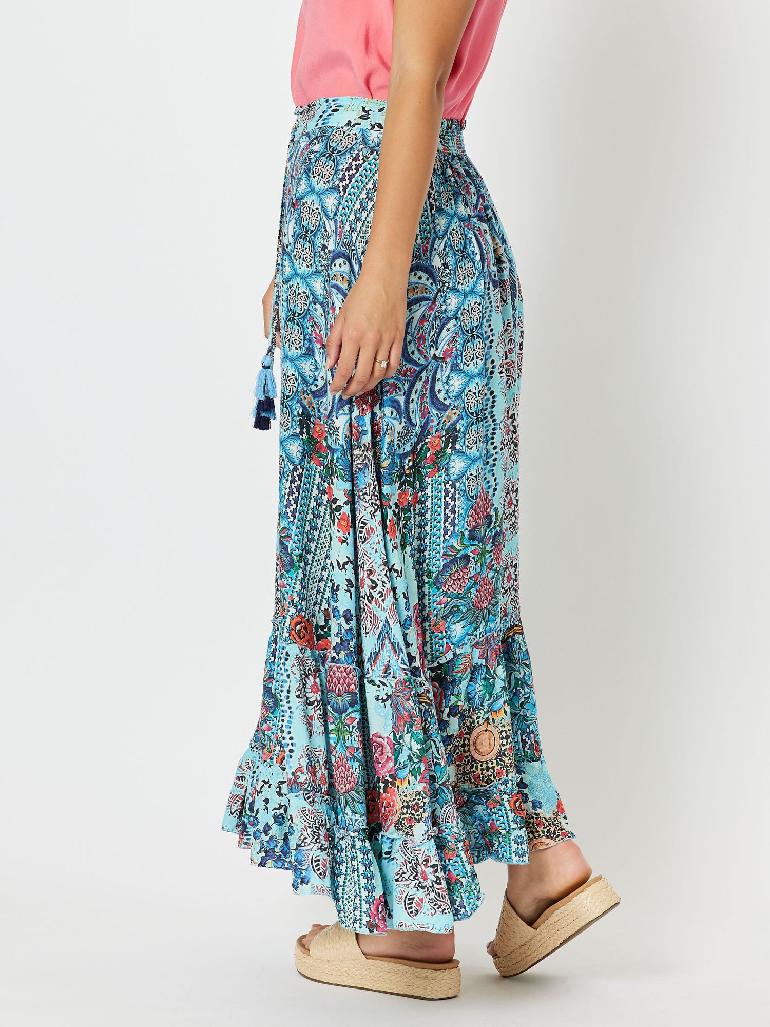 Barrier Reef Tie Waist A-Line Pull On Maxi Skirt - Blue