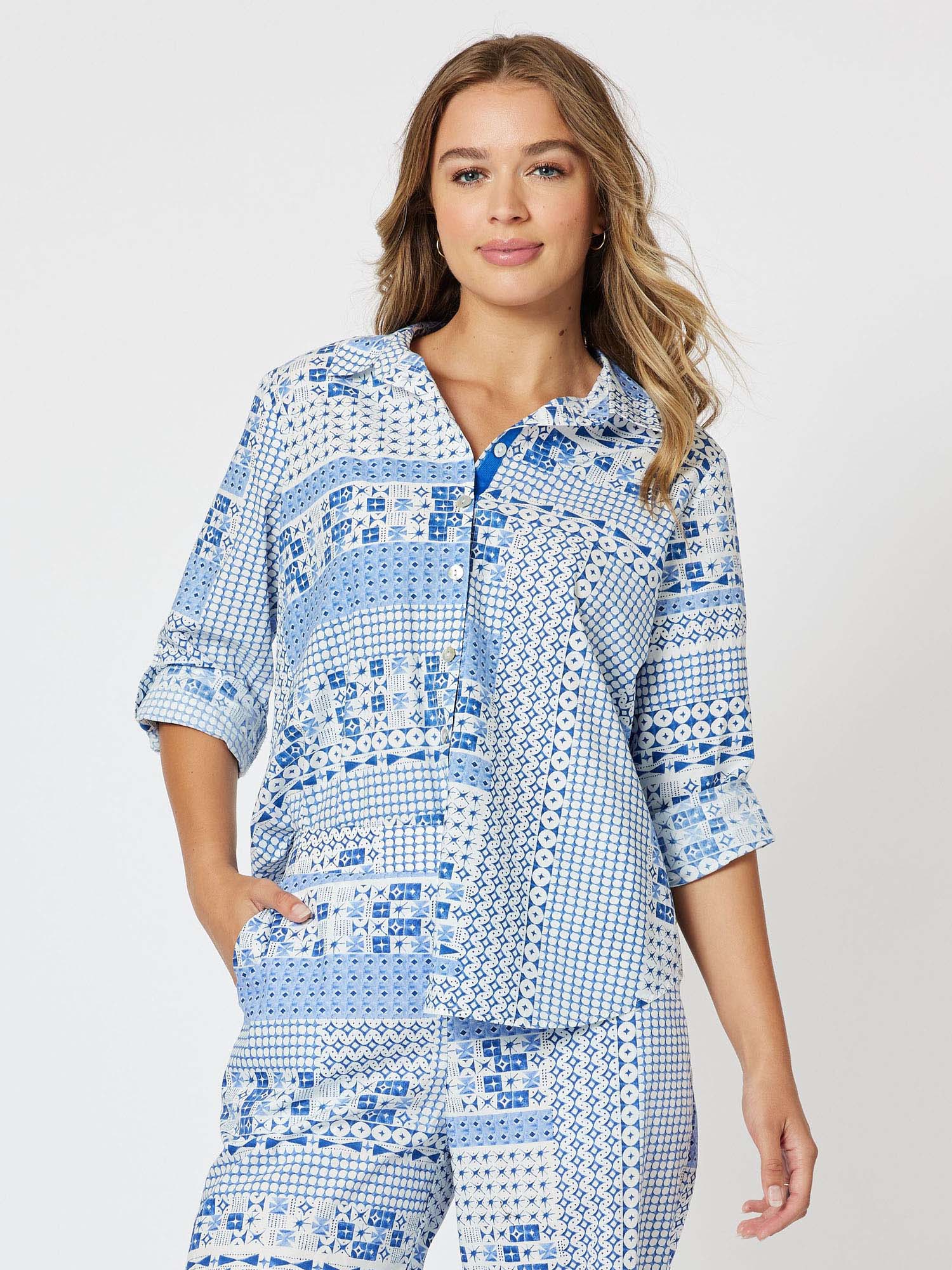 Mosaic Cotton Print Long Sleeve Shirt - Blue