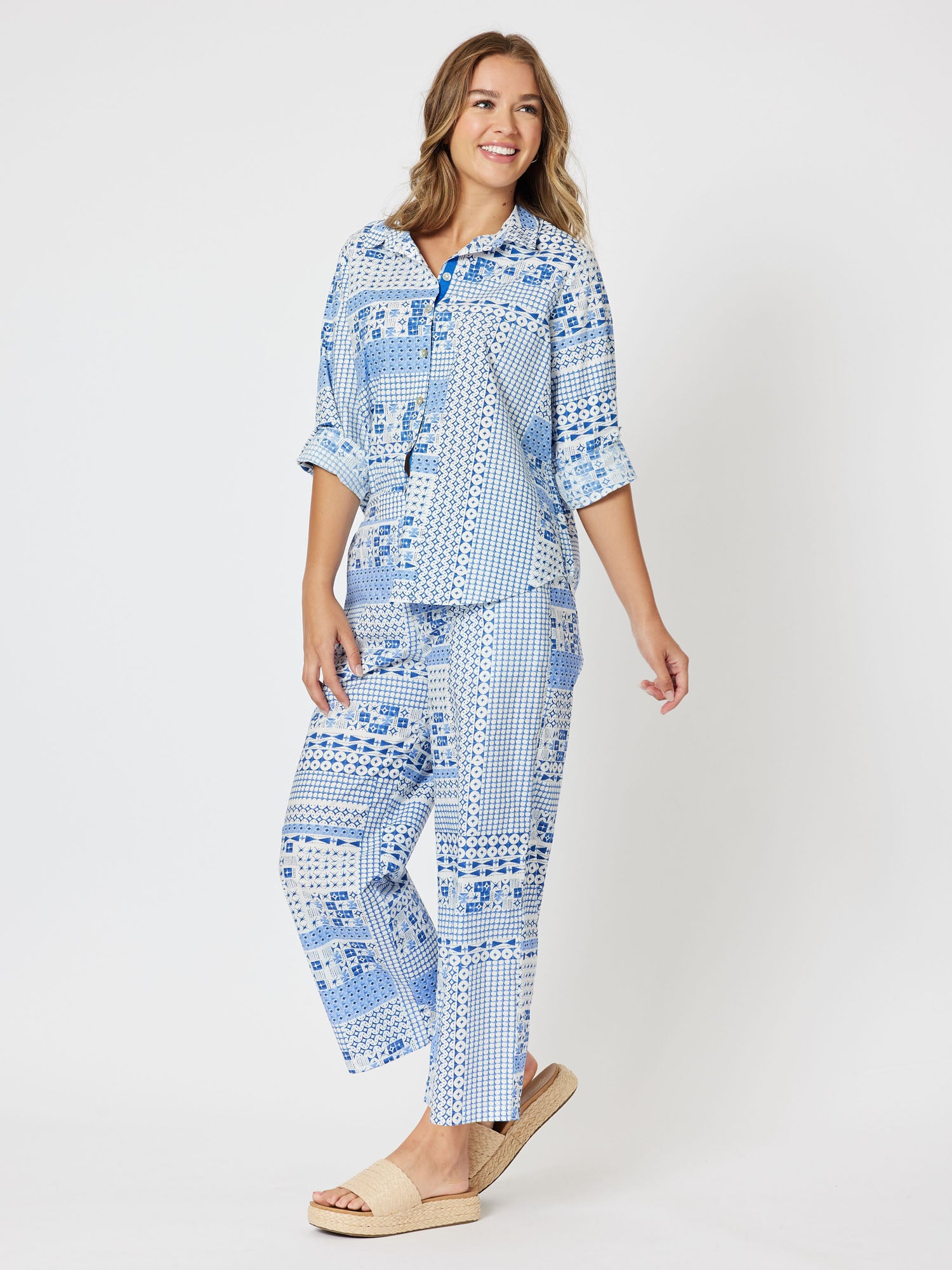 Mosaic Cotton Print Long Sleeve Shirt - Blue