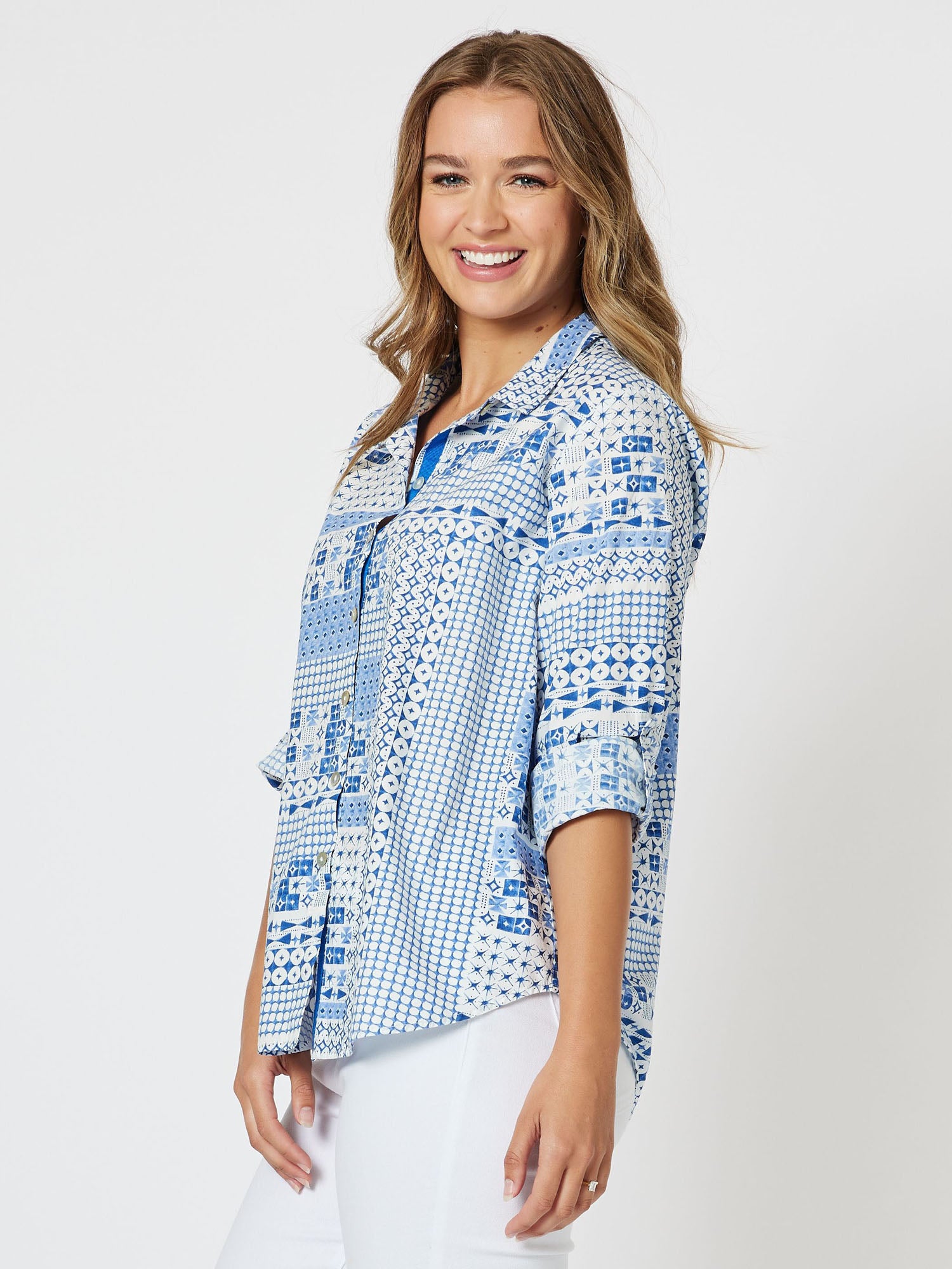 Mosaic Cotton Print Long Sleeve Shirt - Blue