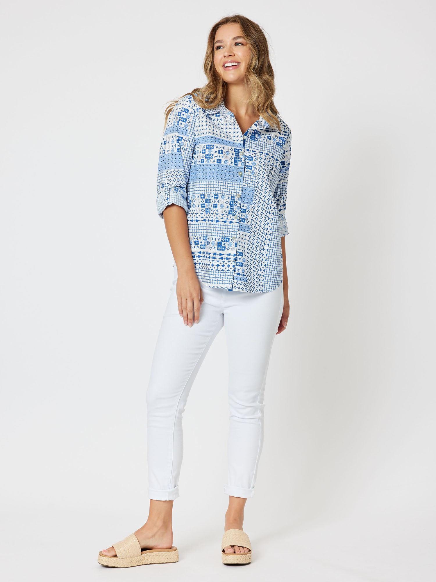 Mosaic Cotton Print Long Sleeve Shirt - Blue
