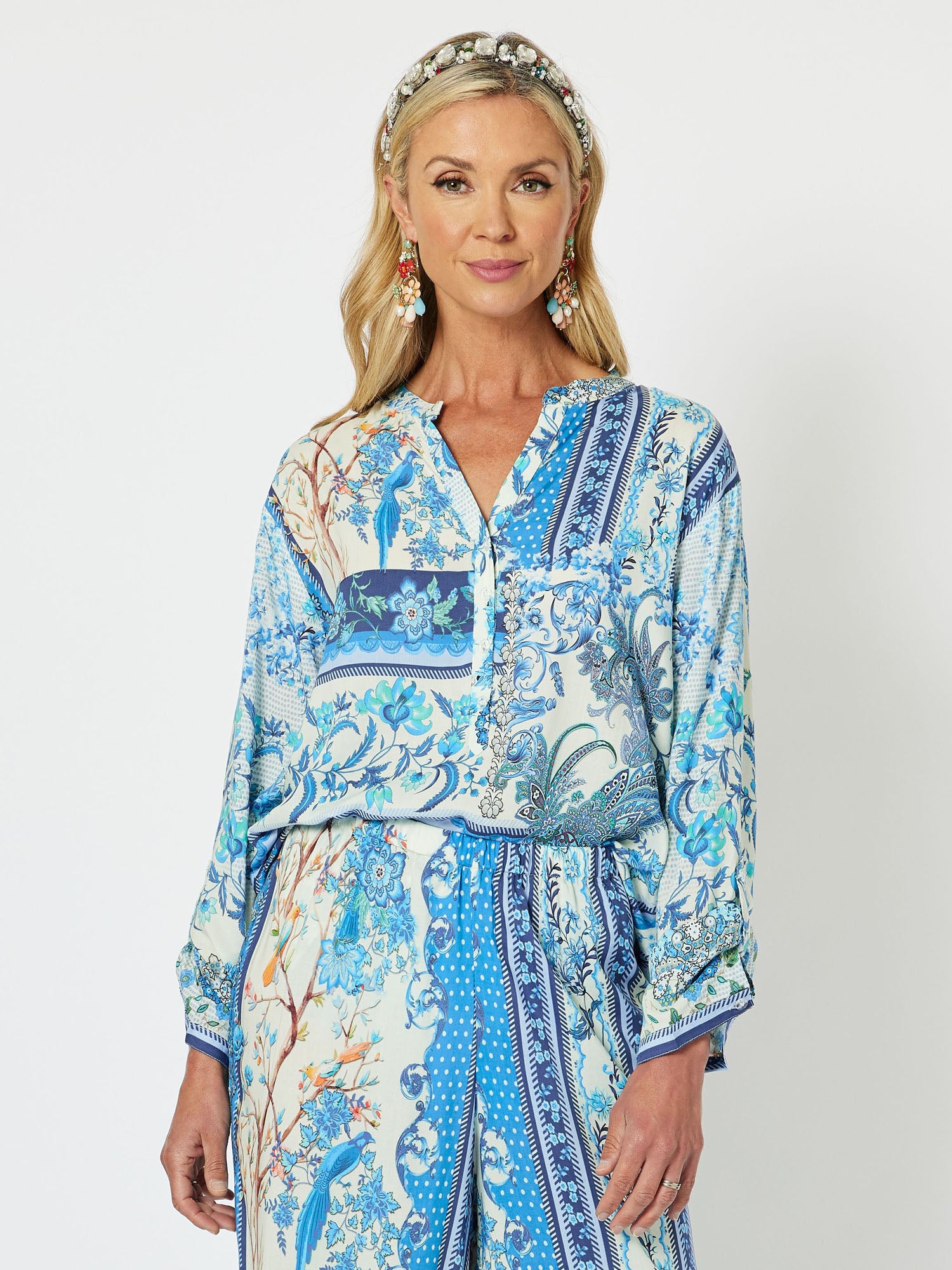 Voel Print Nehru Collar Tab Long Sleeve Tunic Shirt - Blue