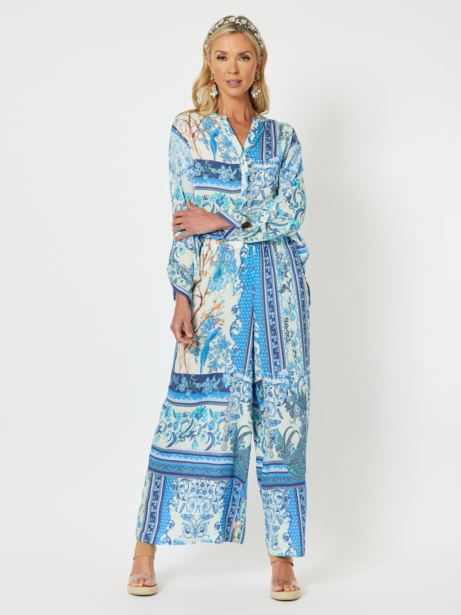 Voel Print Nehru Collar Tab Long Sleeve Tunic Shirt - Blue