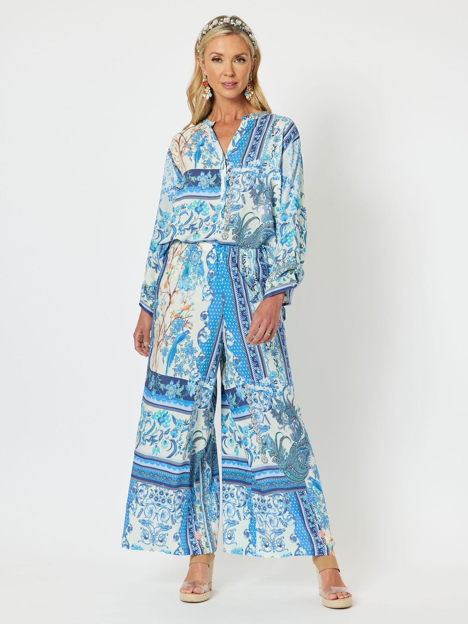 Voel Print Nehru Collar Tab Long Sleeve Tunic Shirt - Blue