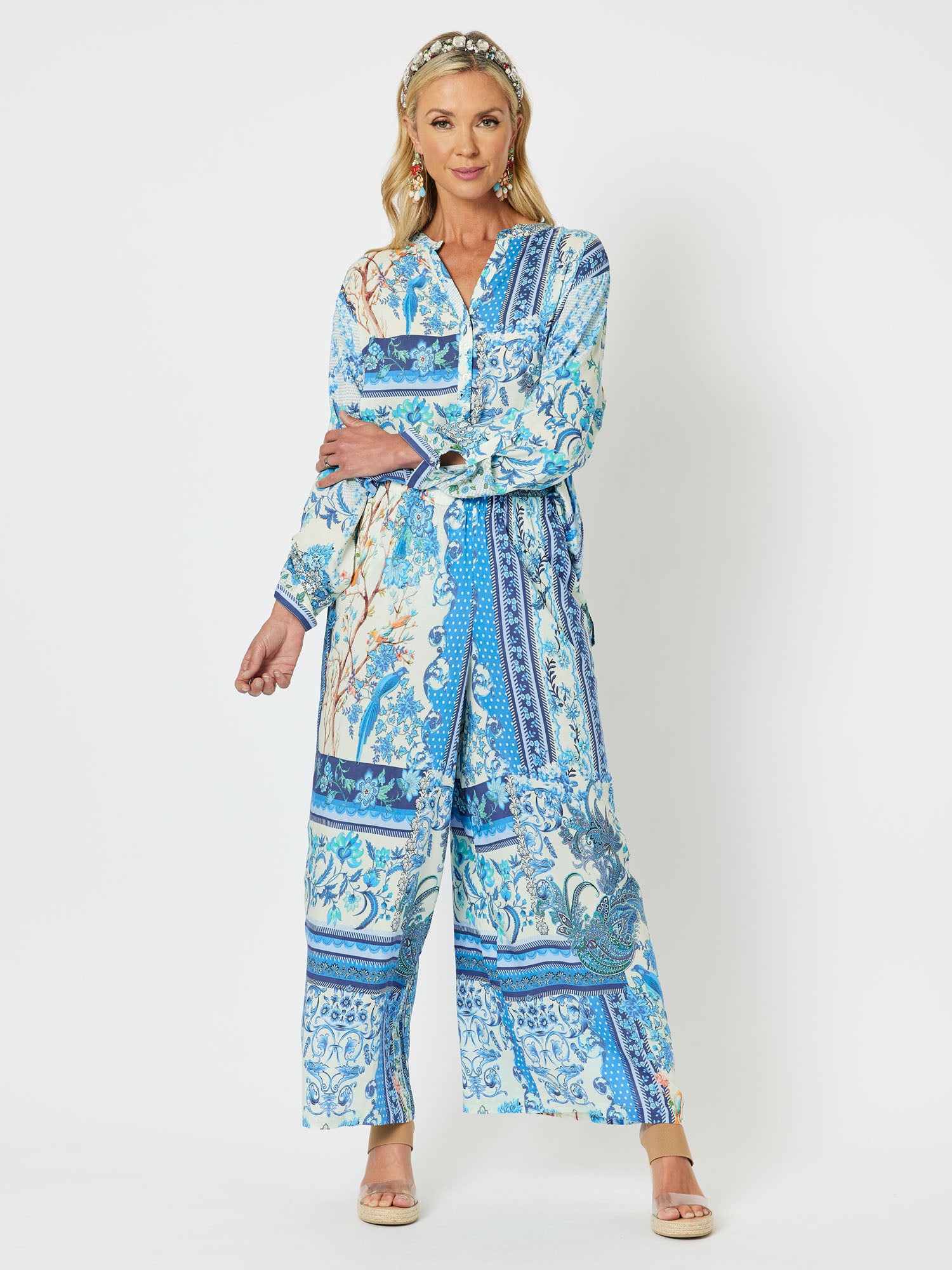 Voel Print Relaxed Wide Leg Pull On Pant - Blue