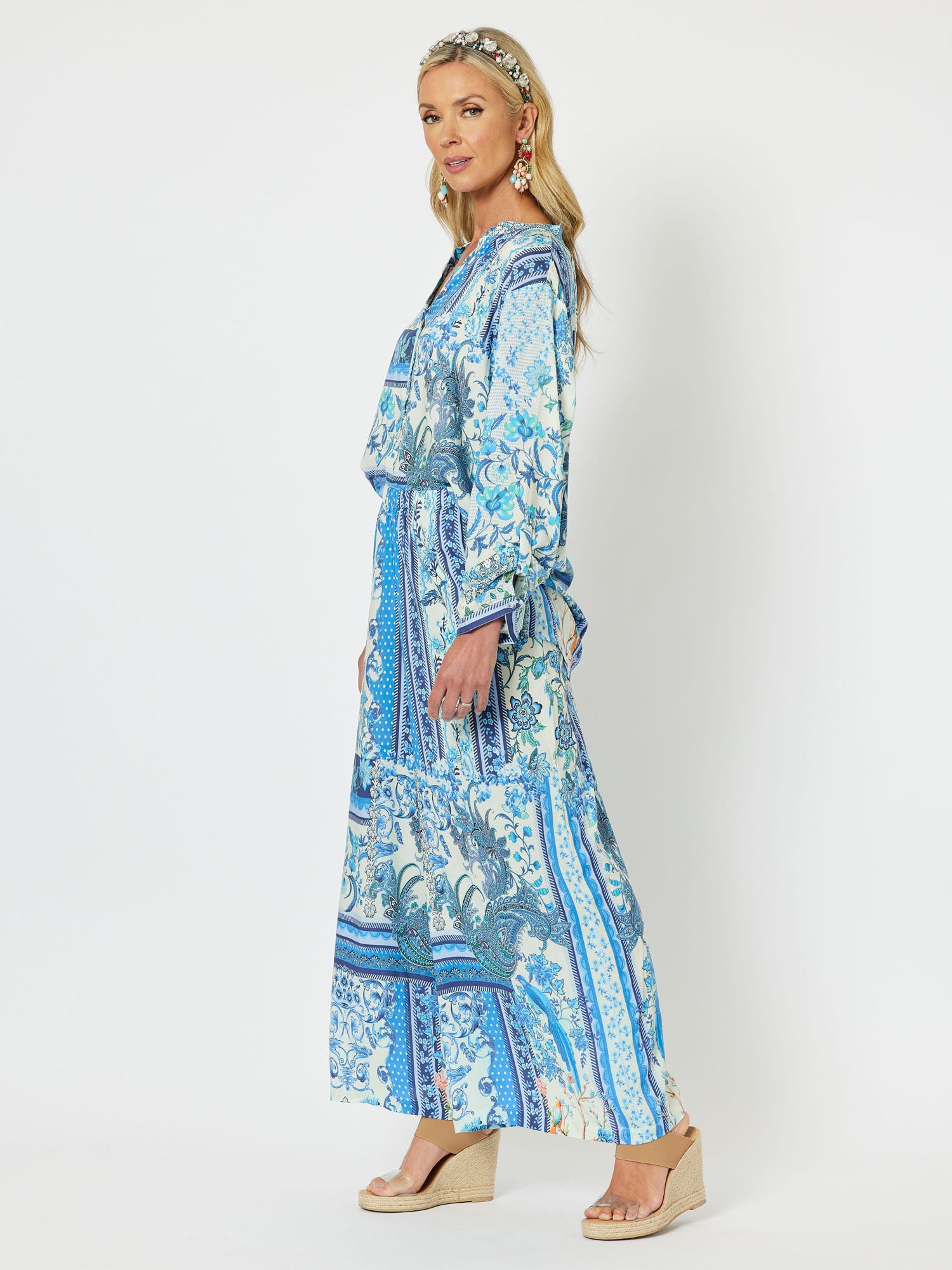 Voel Print Relaxed Wide Leg Pull On Pant - Blue