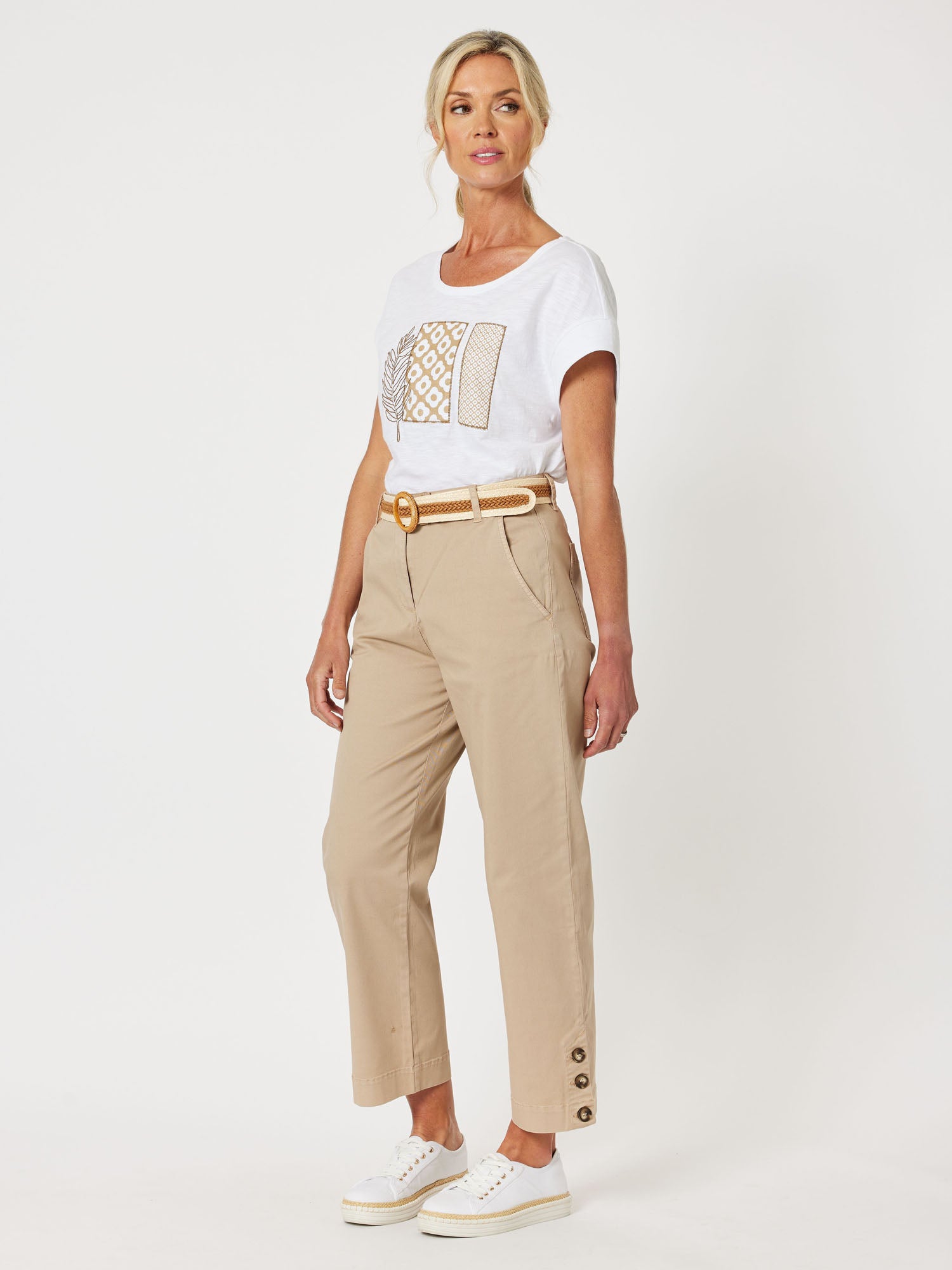Applique Cotton Short Sleeve T-Shirt - White/Natural