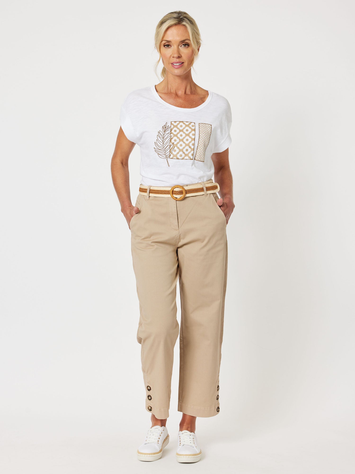 Applique Cotton Short Sleeve T-Shirt - White/Natural
