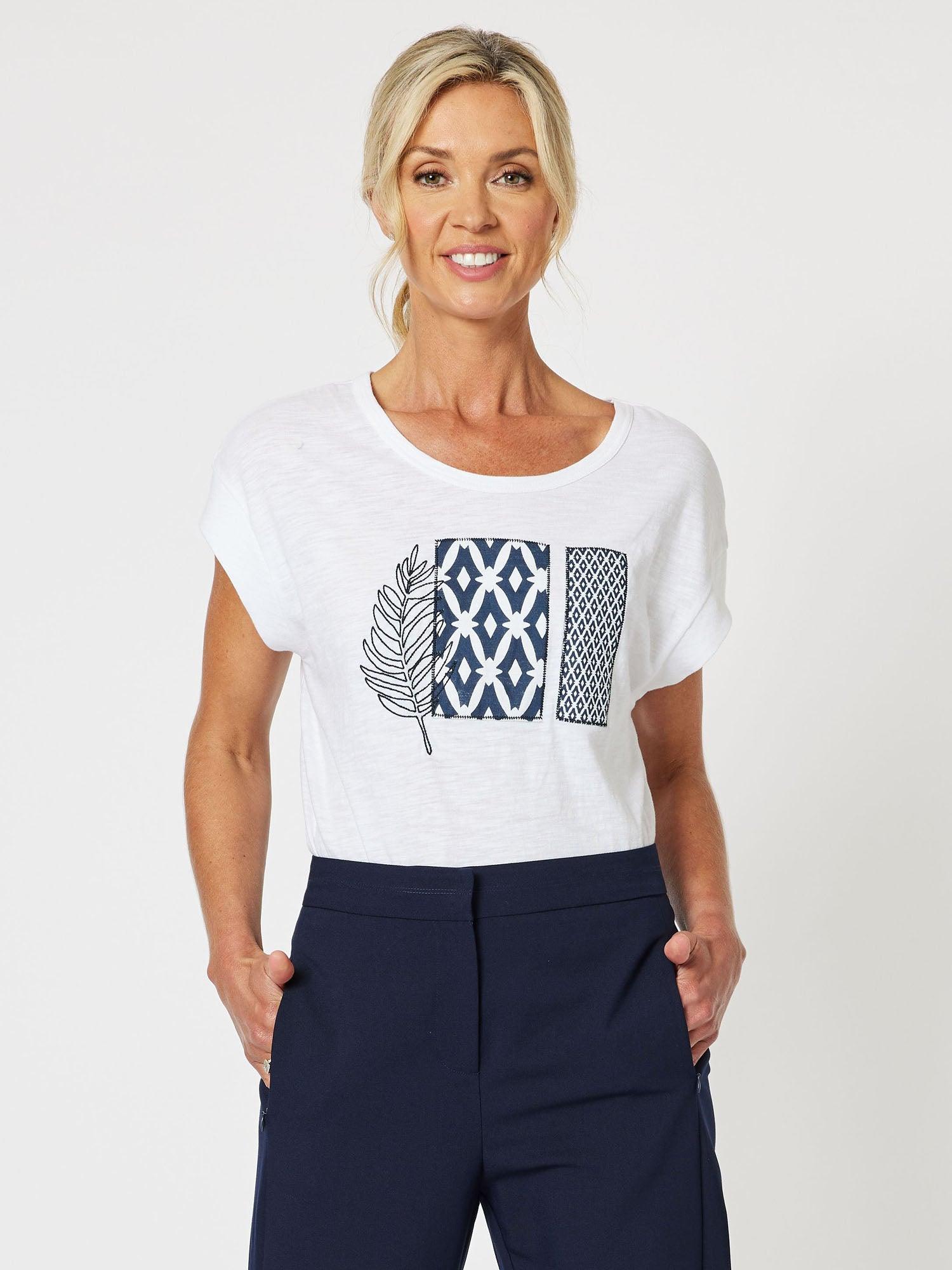 Applique Scoop Neck Short Sleeve T-Shirt - White/Navy