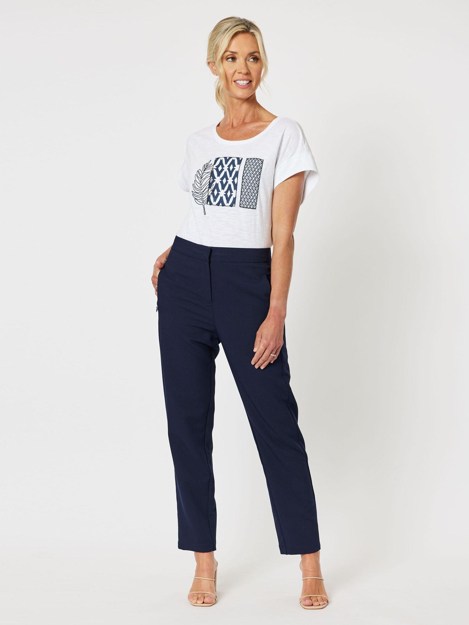 Applique Scoop Neck Short Sleeve T-Shirt - White/Navy