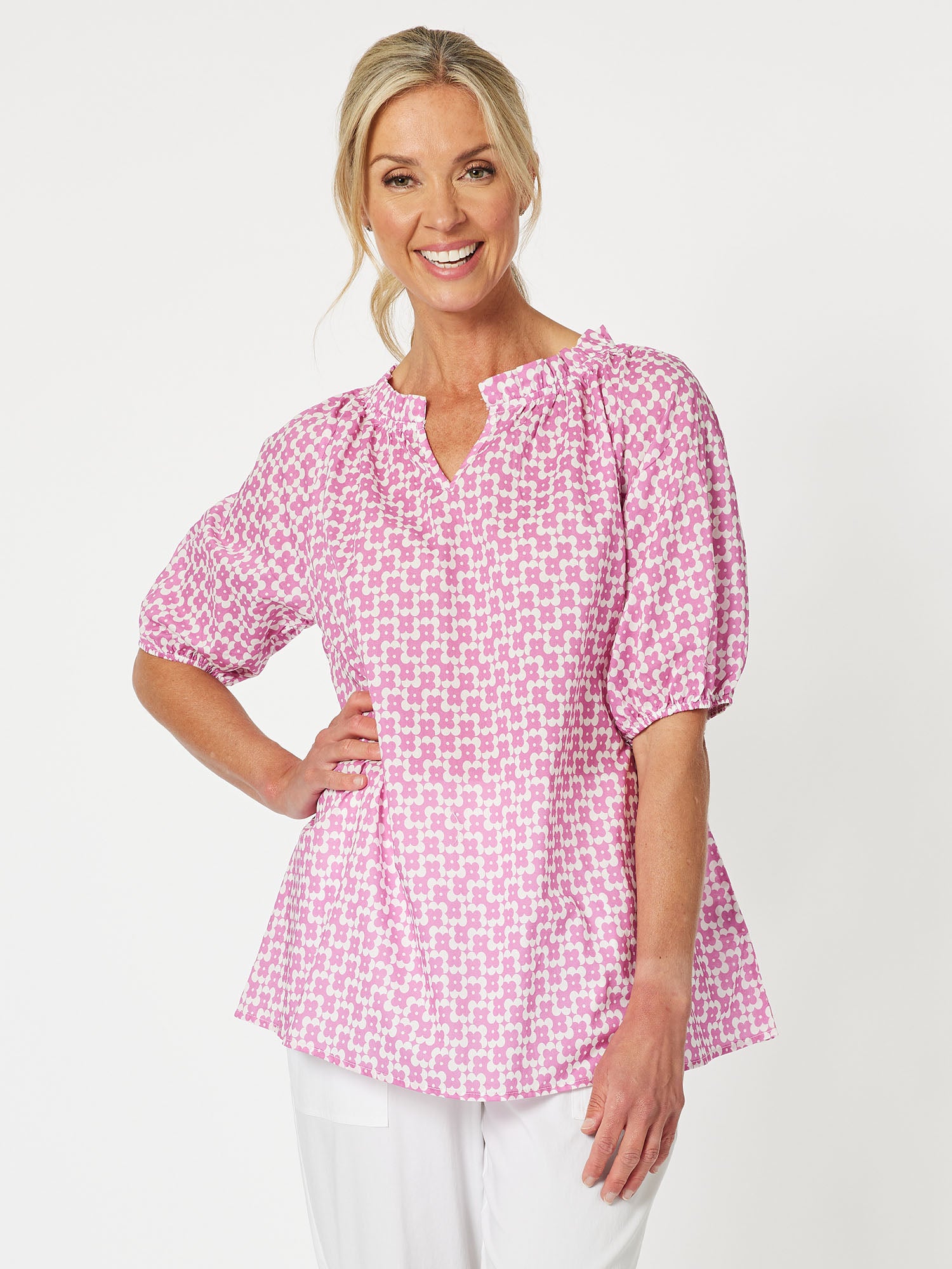 Posie Print Cotton Top - Pink