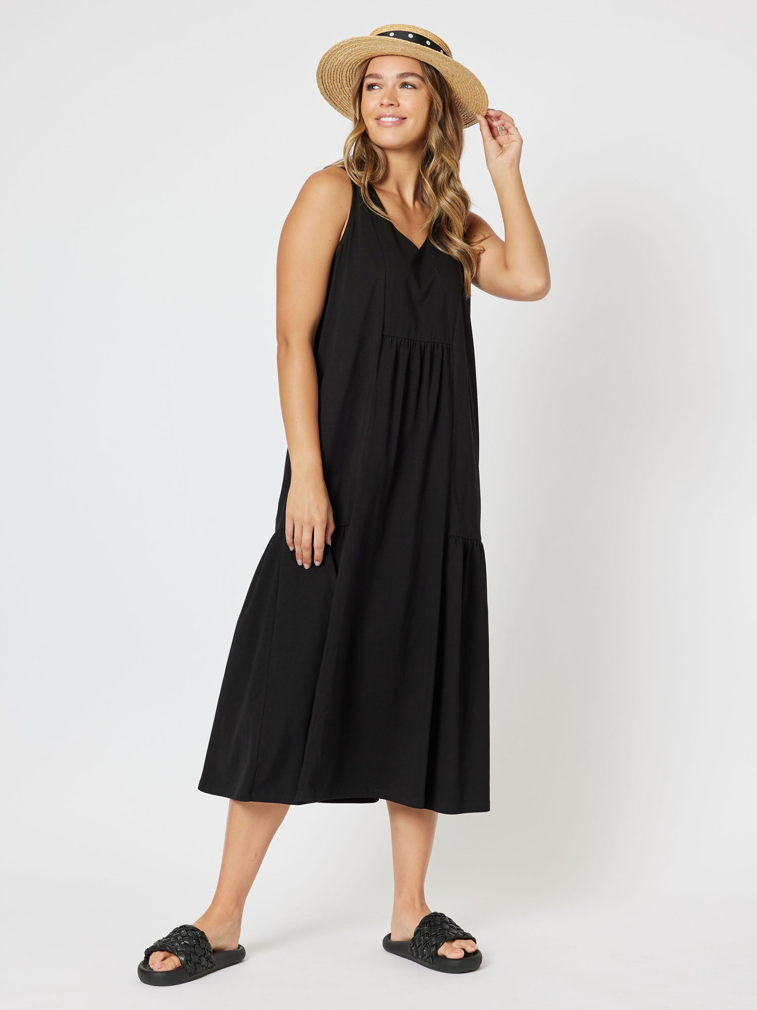 Veuve Jersey Knit Top Vneck Sleeveless Midi Dress - Black