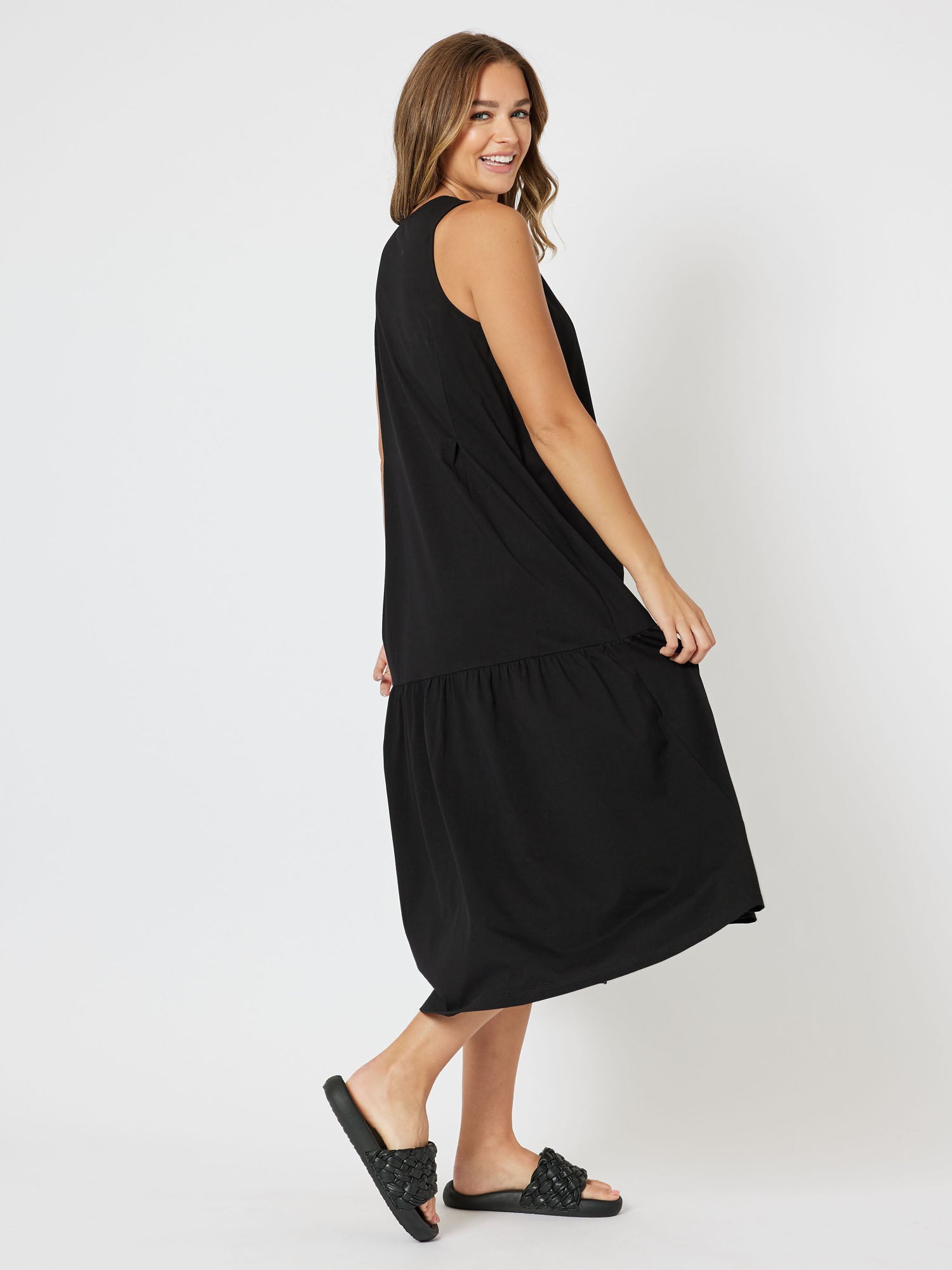 Veuve Jersey Knit Top Vneck Sleeveless Midi Dress - Black