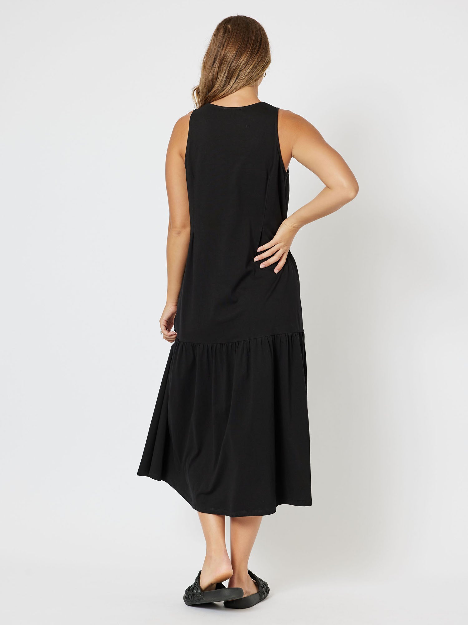 Veuve Jersey Knit Top Vneck Sleeveless Midi Dress - Black