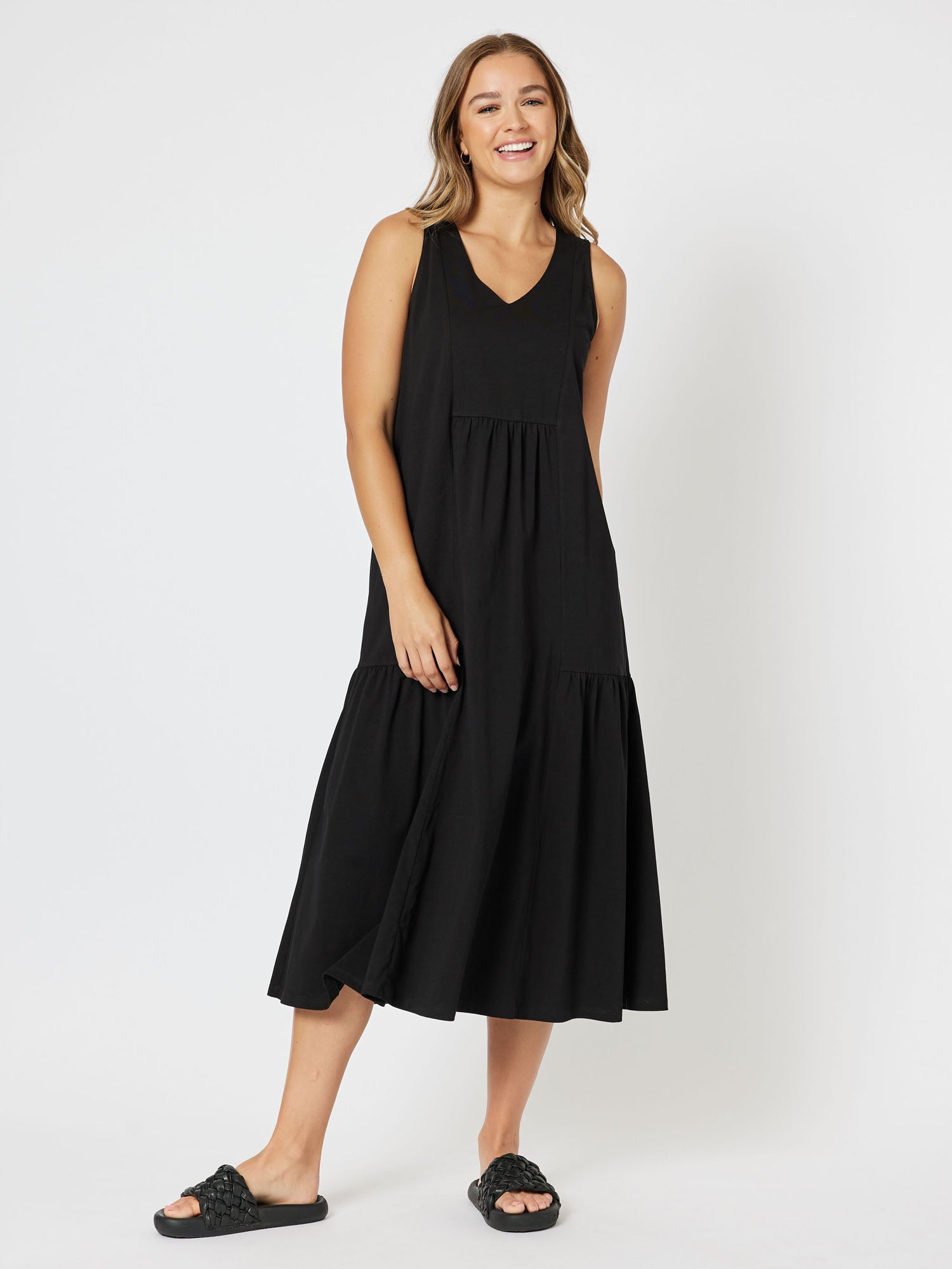 Veuve Jersey Knit Top Vneck Sleeveless Midi Dress - Black